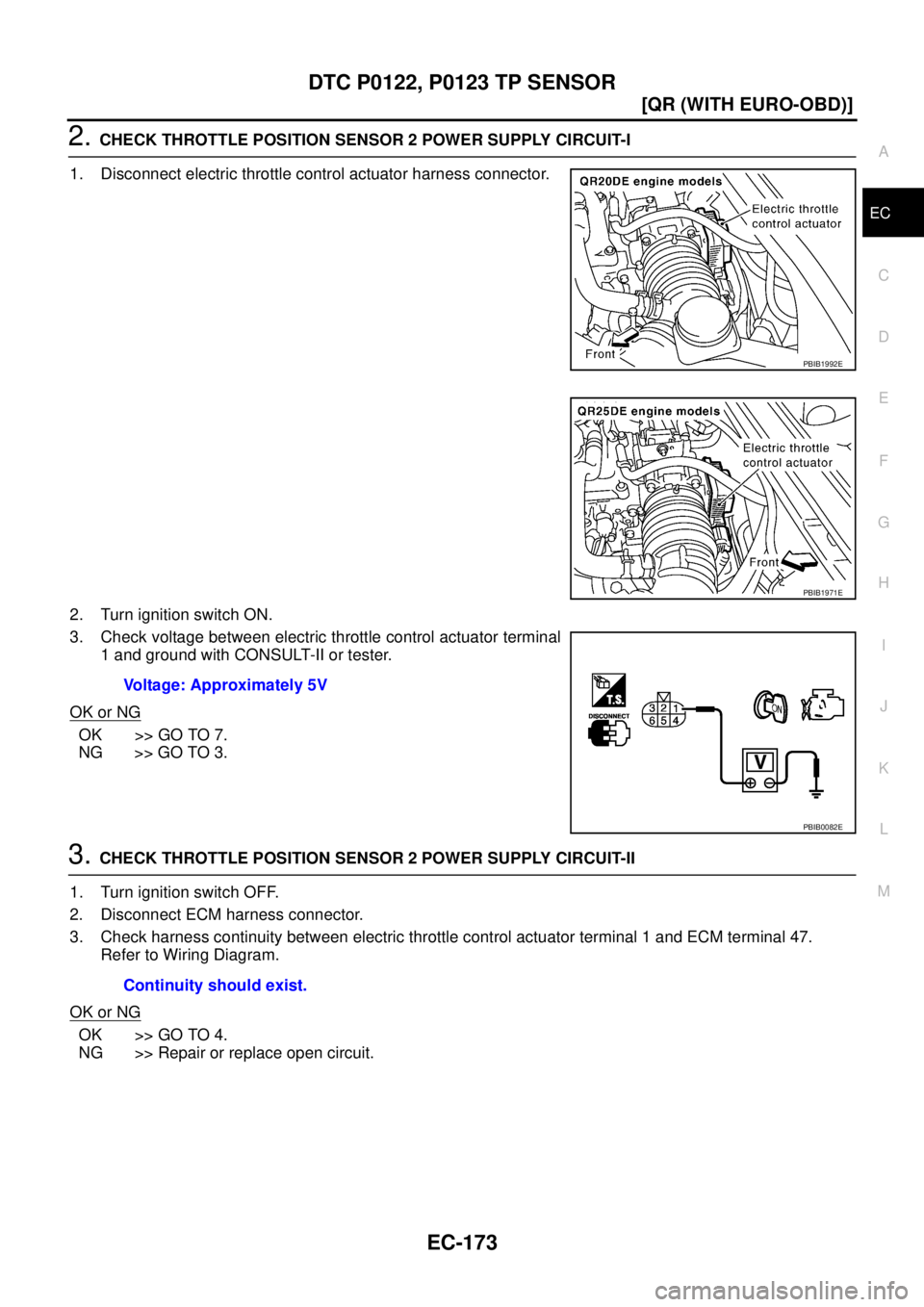 NISSAN X-TRAIL 2003  Service Repair Manual DTC P0122, P0123 TP SENSOR
EC-173
[QR (WITH EURO-OBD)]
C
D
E
F
G
H
I
J
K
L
MA
EC
 
2. CHECK THROTTLE POSITION SENSOR 2 POWER SUPPLY CIRCUIT-I
1. Disconnect electric throttle control actuator harness c