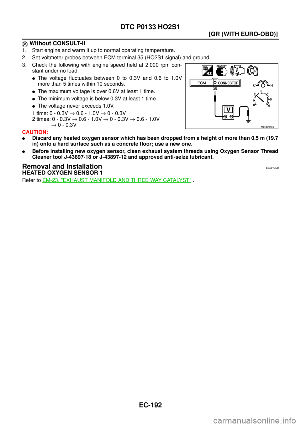 NISSAN X-TRAIL 2003  Service Repair Manual EC-192
[QR (WITH EURO-OBD)]
DTC P0133 HO2S1
 
 Without CONSULT-II
1. Start engine and warm it up to normal operating temperature.
2. Set voltmeter probes between ECM terminal 35 (HO2S1 signal) and gro