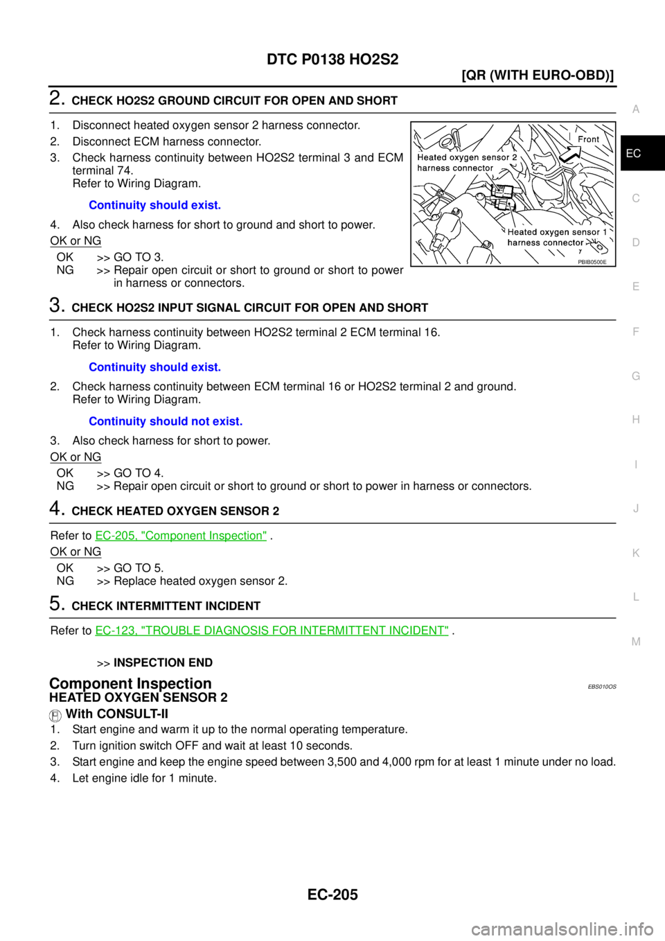 NISSAN X-TRAIL 2003  Service Repair Manual DTC P0138 HO2S2
EC-205
[QR (WITH EURO-OBD)]
C
D
E
F
G
H
I
J
K
L
MA
EC
 
2. CHECK HO2S2 GROUND CIRCUIT FOR OPEN AND SHORT
1. Disconnect heated oxygen sensor 2 harness connector.
2. Disconnect ECM harne