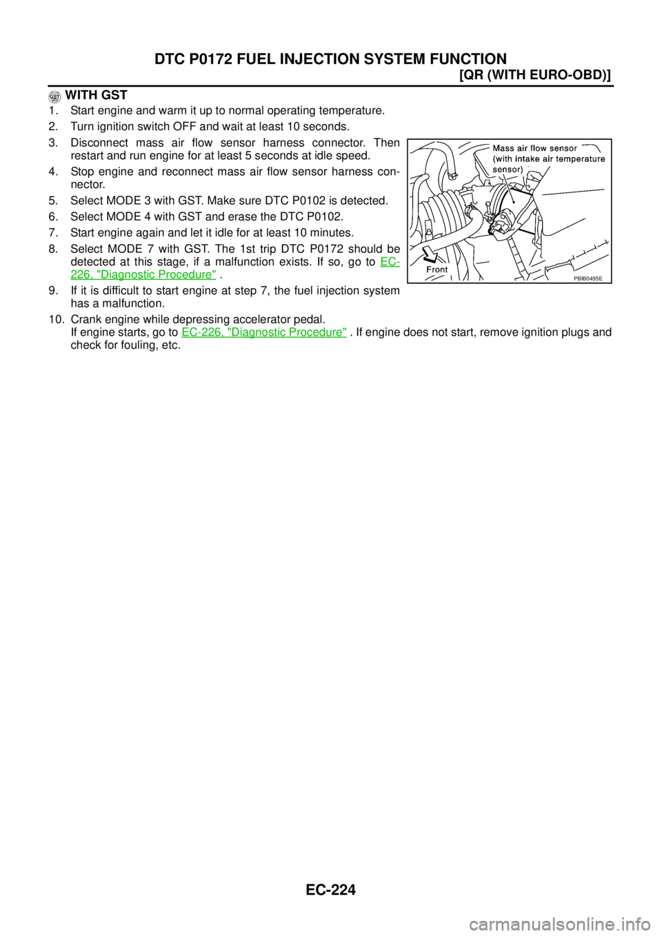 NISSAN X-TRAIL 2003  Service Repair Manual EC-224
[QR (WITH EURO-OBD)]
DTC P0172 FUEL INJECTION SYSTEM FUNCTION
 
 WITH GST
1. Start engine and warm it up to normal operating temperature.
2. Turn ignition switch OFF and wait at least 10 second