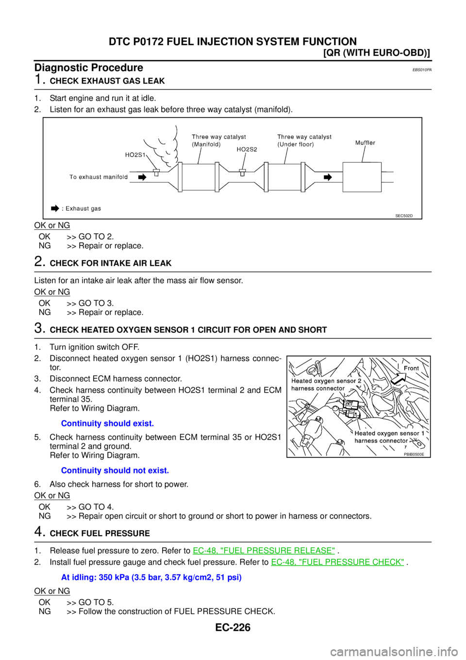 NISSAN X-TRAIL 2003  Service Repair Manual EC-226
[QR (WITH EURO-OBD)]
DTC P0172 FUEL INJECTION SYSTEM FUNCTION
 
Diagnostic ProcedureEBS010PA
1. CHECK EXHAUST GAS LEAK
1. Start engine and run it at idle.
2. Listen for an exhaust gas leak befo