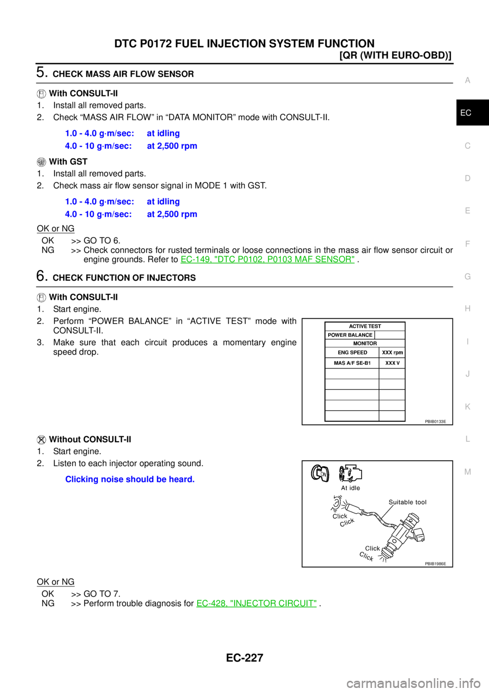 NISSAN X-TRAIL 2003  Service Repair Manual DTC P0172 FUEL INJECTION SYSTEM FUNCTION
EC-227
[QR (WITH EURO-OBD)]
C
D
E
F
G
H
I
J
K
L
MA
EC
 
5. CHECK MASS AIR FLOW SENSOR
 With CONSULT-II
1. Install all removed parts.
2. Check “MASS AIR FLOW