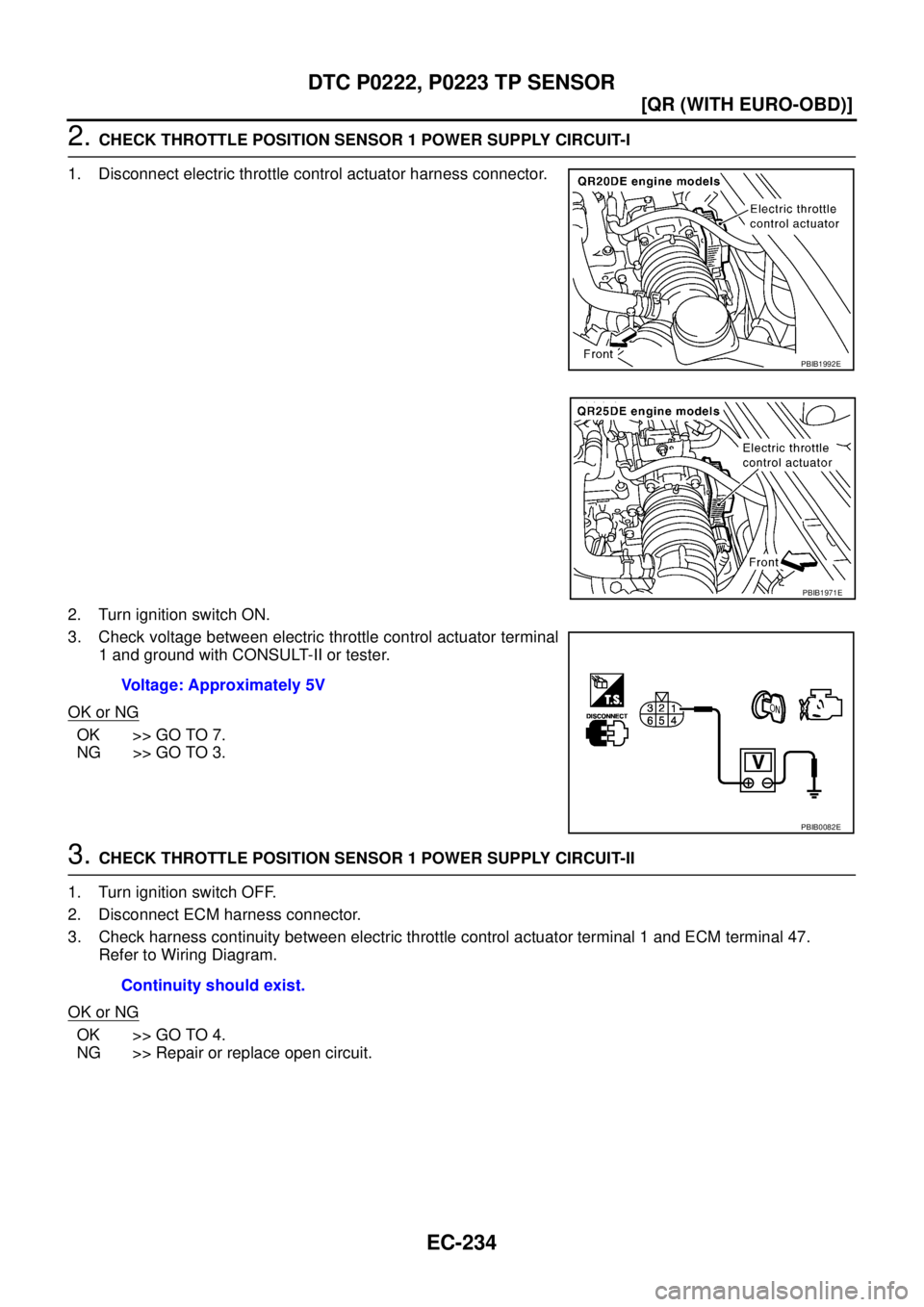 NISSAN X-TRAIL 2003  Service Repair Manual EC-234
[QR (WITH EURO-OBD)]
DTC P0222, P0223 TP SENSOR
 
2. CHECK THROTTLE POSITION SENSOR 1 POWER SUPPLY CIRCUIT-I
1. Disconnect electric throttle control actuator harness connector.
2. Turn ignition