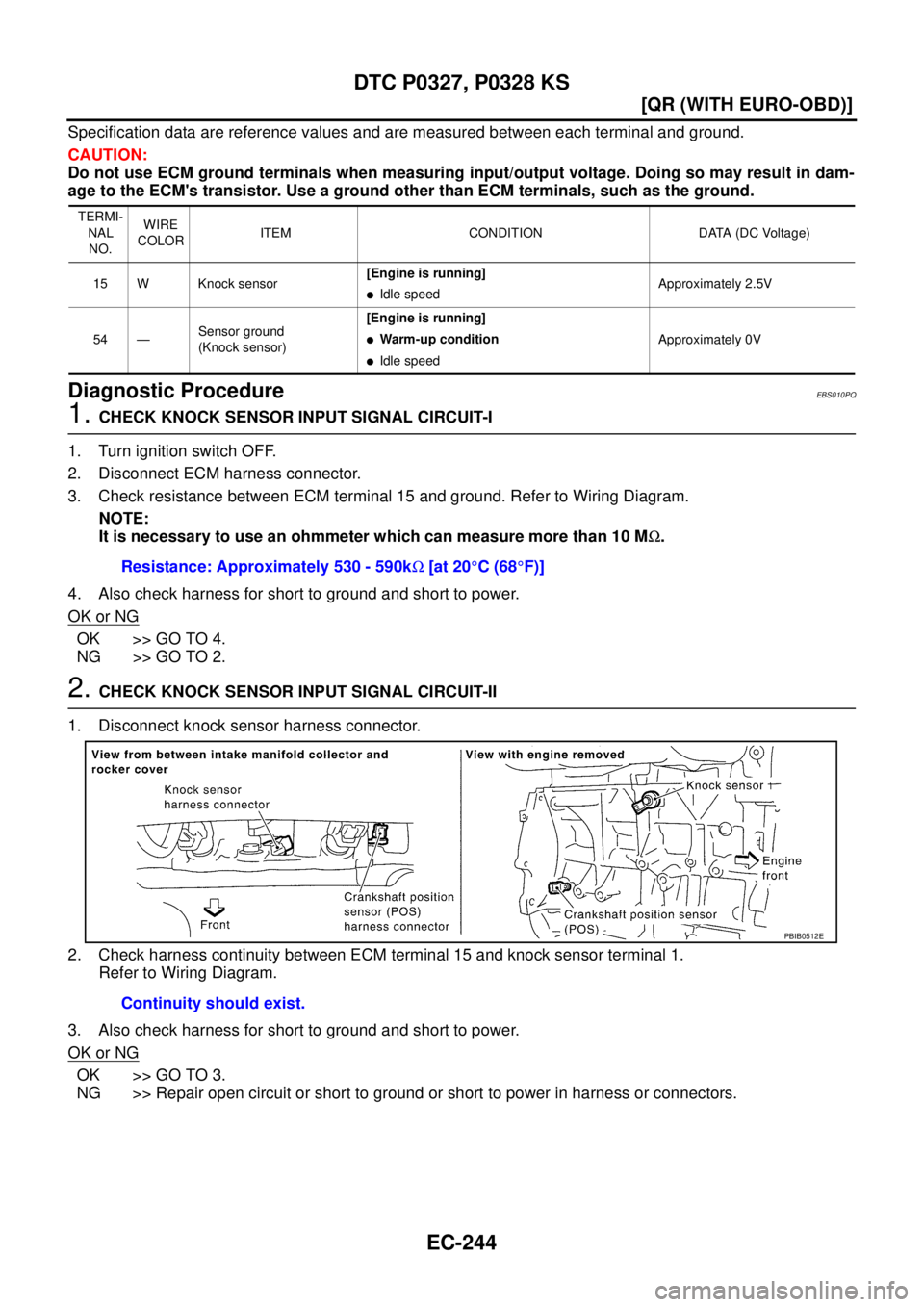 NISSAN X-TRAIL 2003  Service Repair Manual EC-244
[QR (WITH EURO-OBD)]
DTC P0327, P0328 KS
 
Specification data are reference values and are measured between each terminal and ground.
CAUTION:
Do not use ECM ground terminals when measuring inp