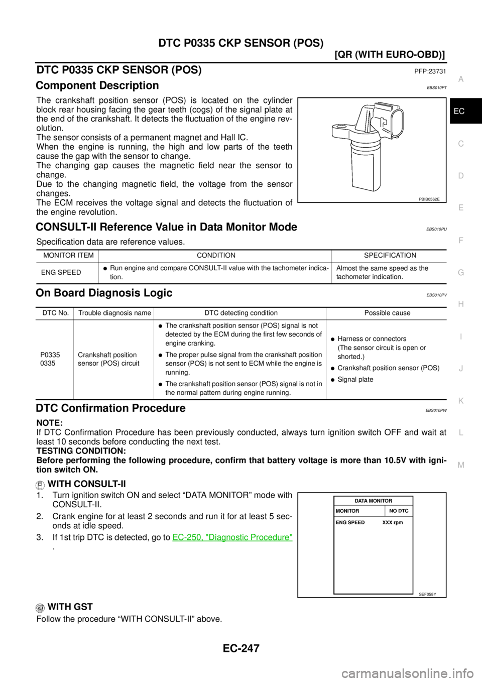 NISSAN X-TRAIL 2003  Service Repair Manual DTC P0335 CKP SENSOR (POS)
EC-247
[QR (WITH EURO-OBD)]
C
D
E
F
G
H
I
J
K
L
MA
EC
 
DTC P0335 CKP SENSOR (POS)PFP:23731
Component DescriptionEBS010PT
The crankshaft position sensor (POS) is located on 