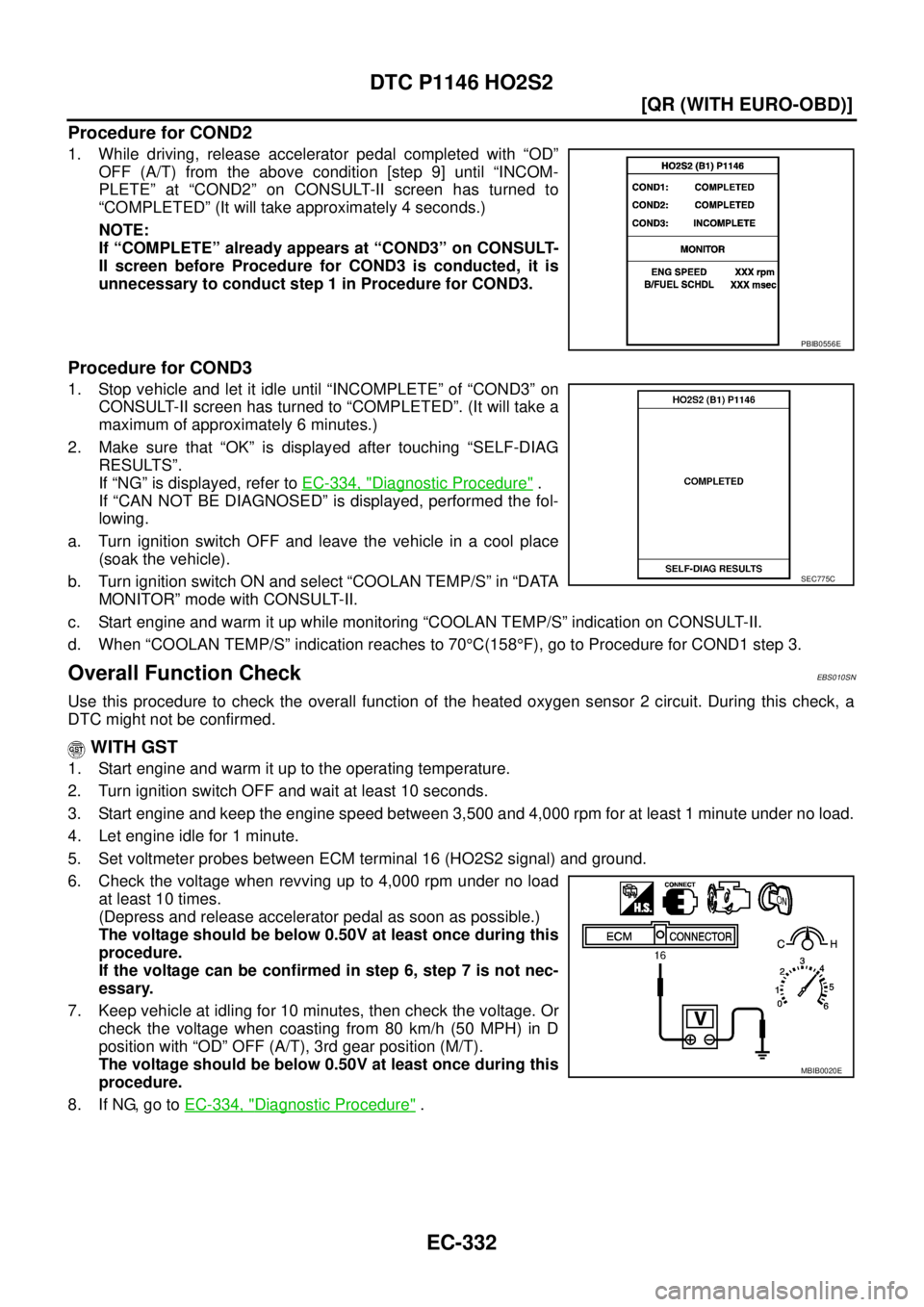 NISSAN X-TRAIL 2003  Service Repair Manual EC-332
[QR (WITH EURO-OBD)]
DTC P1146 HO2S2
 
Procedure for COND2
1. While driving, release accelerator pedal completed with “OD”
OFF (A/T) from the above condition [step 9] until “INCOM-
PLETE