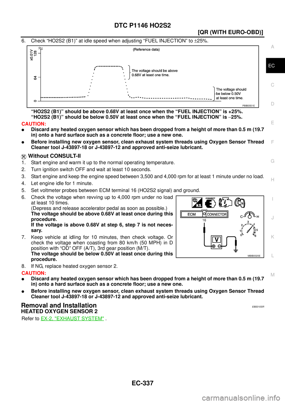 NISSAN X-TRAIL 2003  Service Repair Manual DTC P1146 HO2S2
EC-337
[QR (WITH EURO-OBD)]
C
D
E
F
G
H
I
J
K
L
MA
EC
 
6. Check “HO2S2 (B1)” at idle speed when adjusting “FUEL INJECTION” to ±25%.
“HO2S2 (B1)” should be above 0.68V at 