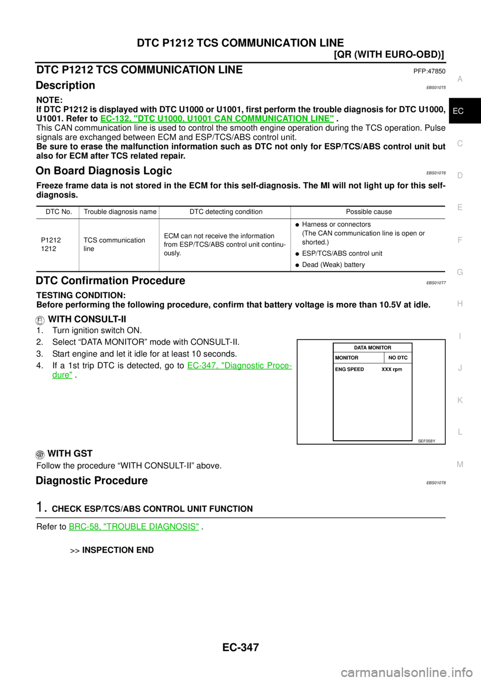 NISSAN X-TRAIL 2003  Service Repair Manual DTC P1212 TCS COMMUNICATION LINE
EC-347
[QR (WITH EURO-OBD)]
C
D
E
F
G
H
I
J
K
L
MA
EC
 
DTC P1212 TCS COMMUNICATION LINEPFP:47850
DescriptionEBS010T5
NOTE:
If DTC P1212 is displayed with DTC U1000 or