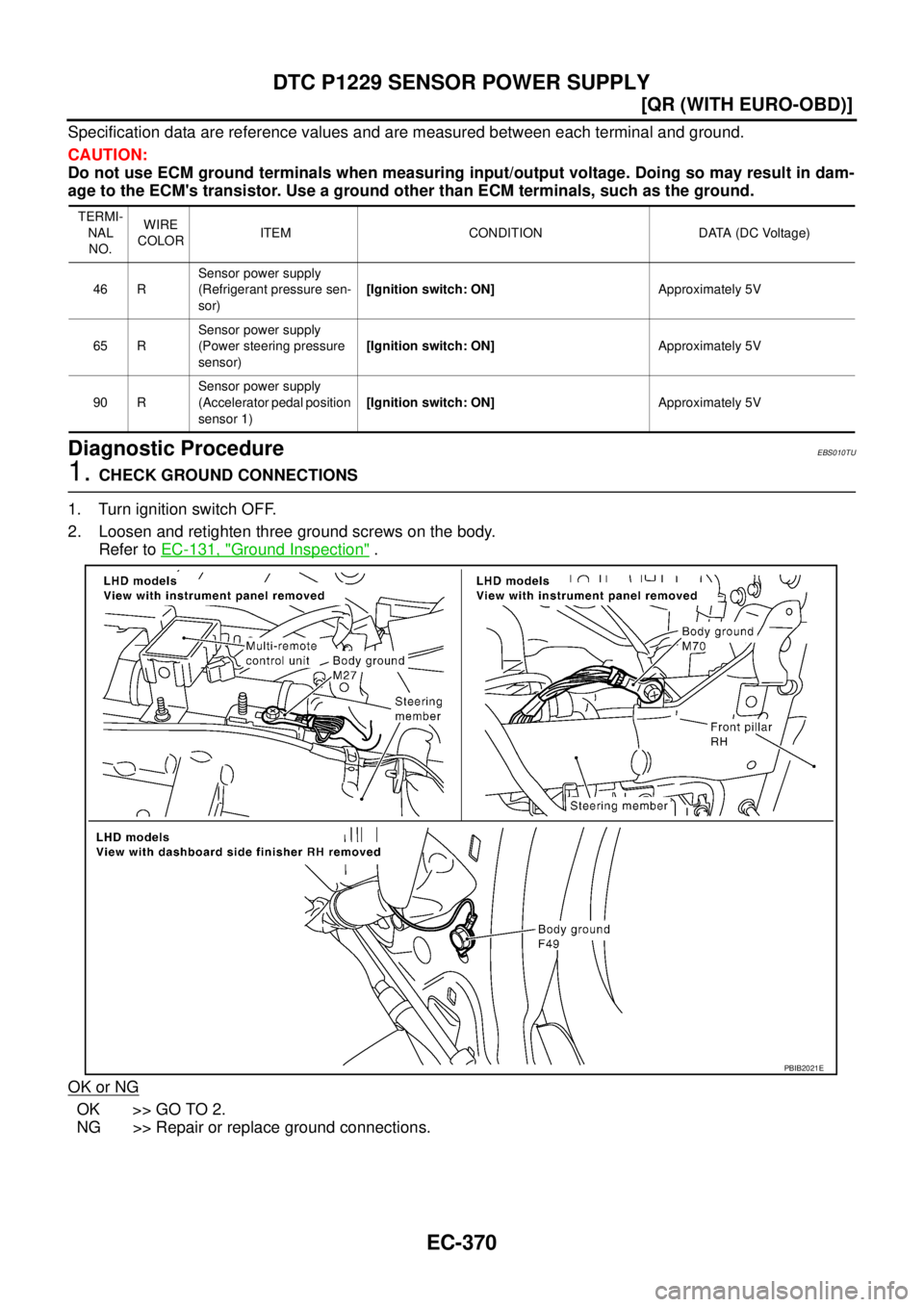 NISSAN X-TRAIL 2003  Service Repair Manual EC-370
[QR (WITH EURO-OBD)]
DTC P1229 SENSOR POWER SUPPLY
 
Specification data are reference values and are measured between each terminal and ground.
CAUTION:
Do not use ECM ground terminals when mea
