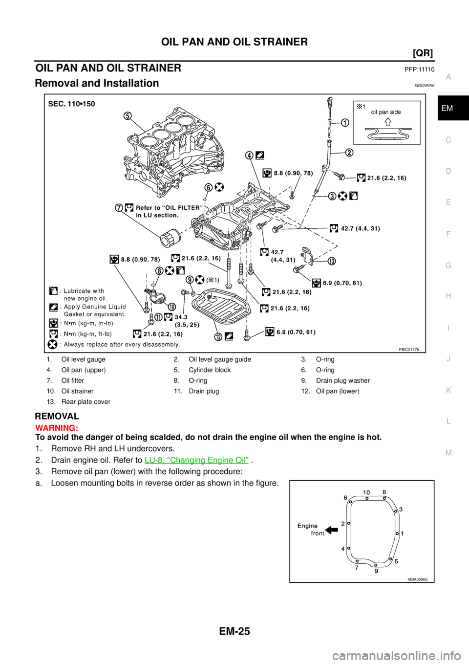 NISSAN X-TRAIL 2003  Service Repair Manual OIL PAN AND OIL STRAINER
EM-25
[QR]
C
D
E
F
G
H
I
J
K
L
MA
EM
 
OIL PAN AND OIL STRAINERP F P : 1111 0
Removal and InstallationEBS00KNE
REMOVAL
WARNING:
To avoid the danger of being scalded, do not dr