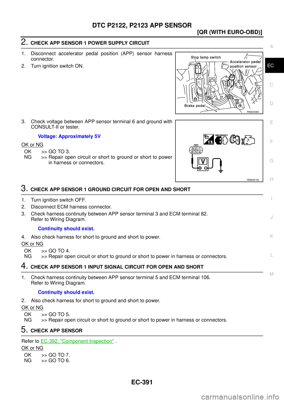 NISSAN X-TRAIL 2003  Service Repair Manual DTC P2122, P2123 APP SENSOR
EC-391
[QR (WITH EURO-OBD)]
C
D
E
F
G
H
I
J
K
L
MA
EC
 
2. CHECK APP SENSOR 1 POWER SUPPLY CIRCUIT
1. Disconnect accelerator pedal position (APP) sensor harness
connector.
