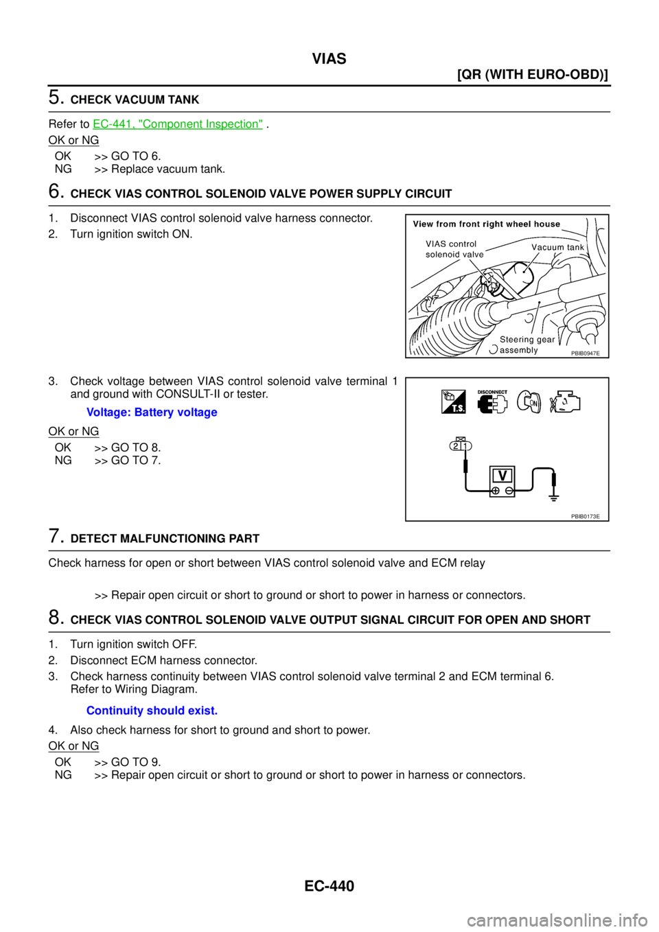 NISSAN X-TRAIL 2003  Service Repair Manual EC-440
[QR (WITH EURO-OBD)]
VIAS
 
5. CHECK VACUUM TANK
Refer to EC-441, "
Component Inspection" .
OK or NG
OK >> GO TO 6.
NG >> Replace vacuum tank.
6. CHECK VIAS CONTROL SOLENOID VALVE POWER SUPPLY 