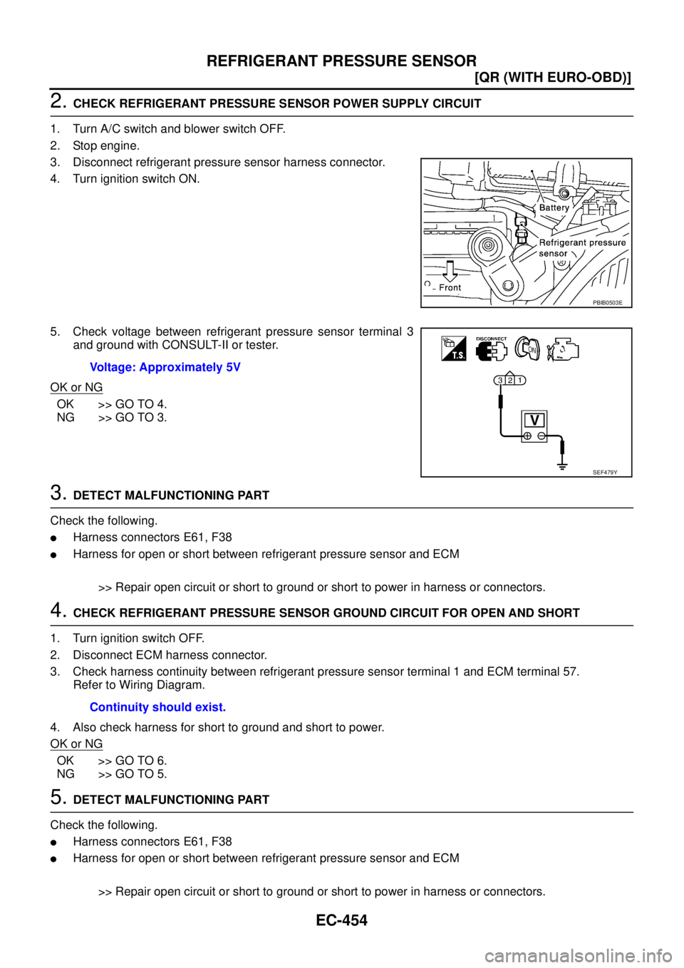 NISSAN X-TRAIL 2003  Service Repair Manual EC-454
[QR (WITH EURO-OBD)]
REFRIGERANT PRESSURE SENSOR
 
2. CHECK REFRIGERANT PRESSURE SENSOR POWER SUPPLY CIRCUIT
1. Turn A/C switch and blower switch OFF.
2. Stop engine.
3. Disconnect refrigerant 
