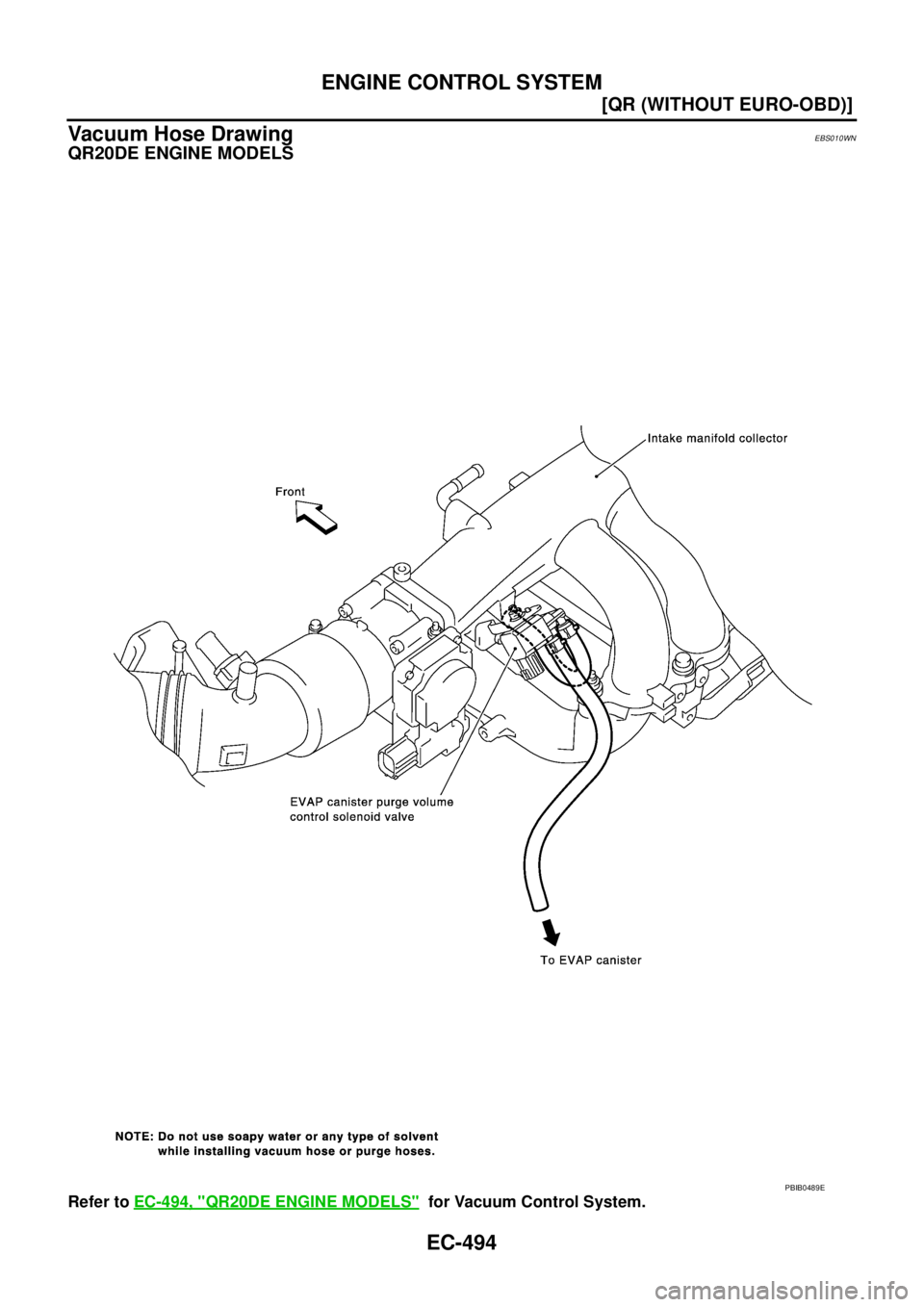NISSAN X-TRAIL 2003  Service Repair Manual EC-494
[QR (WITHOUT EURO-OBD)]
ENGINE CONTROL SYSTEM
 
Vacuum Hose DrawingEBS010WN
QR20DE ENGINE MODELS
Refer to EC-494, "QR20DE ENGINE MODELS"  for Vacuum Control System.
PBIB0489E 