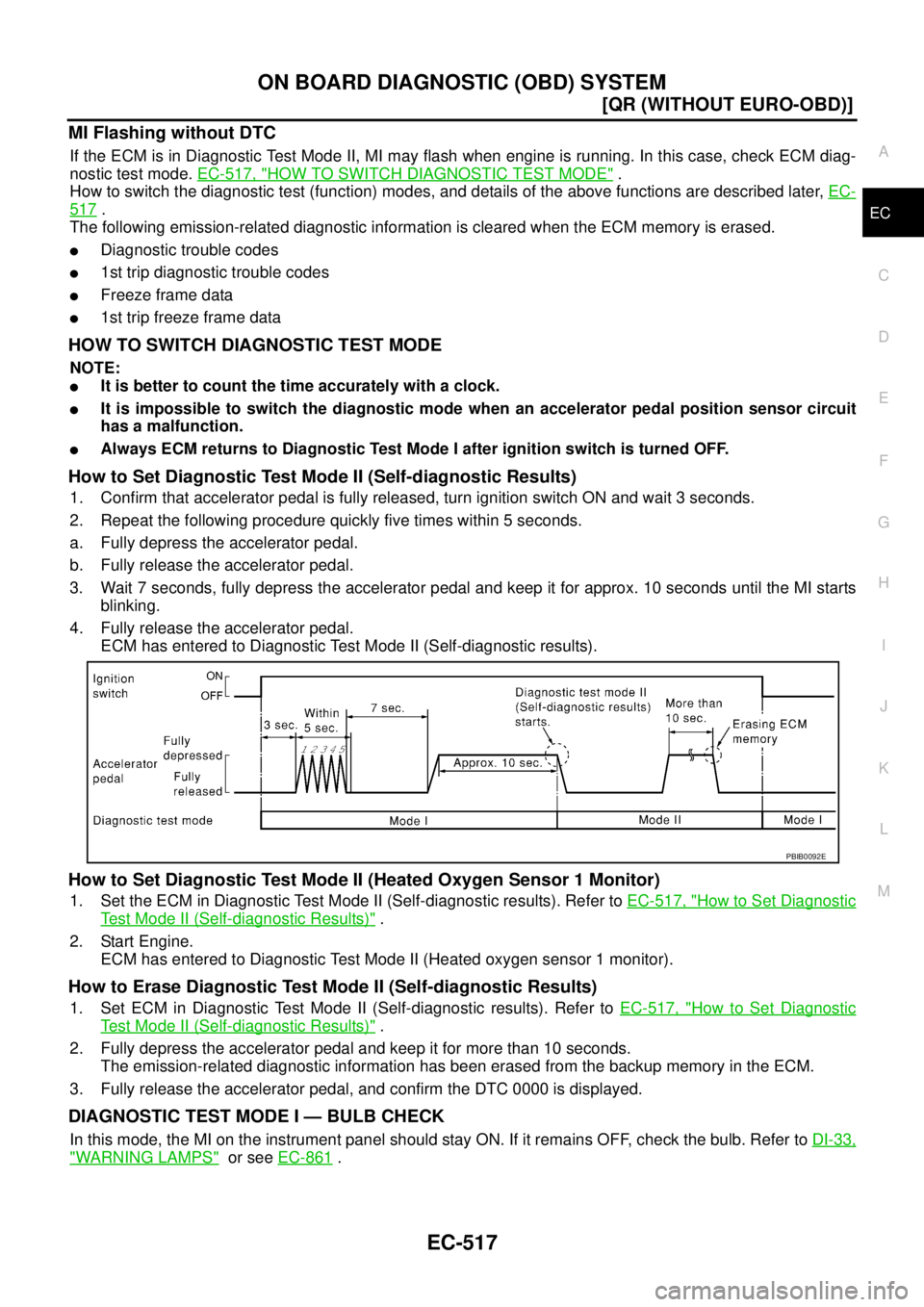 NISSAN X-TRAIL 2003  Service Repair Manual ON BOARD DIAGNOSTIC (OBD) SYSTEM
EC-517
[QR (WITHOUT EURO-OBD)]
C
D
E
F
G
H
I
J
K
L
MA
EC
 
MI Flashing without DTC
If the ECM is in Diagnostic Test Mode II, MI may flash when engine is running. In th