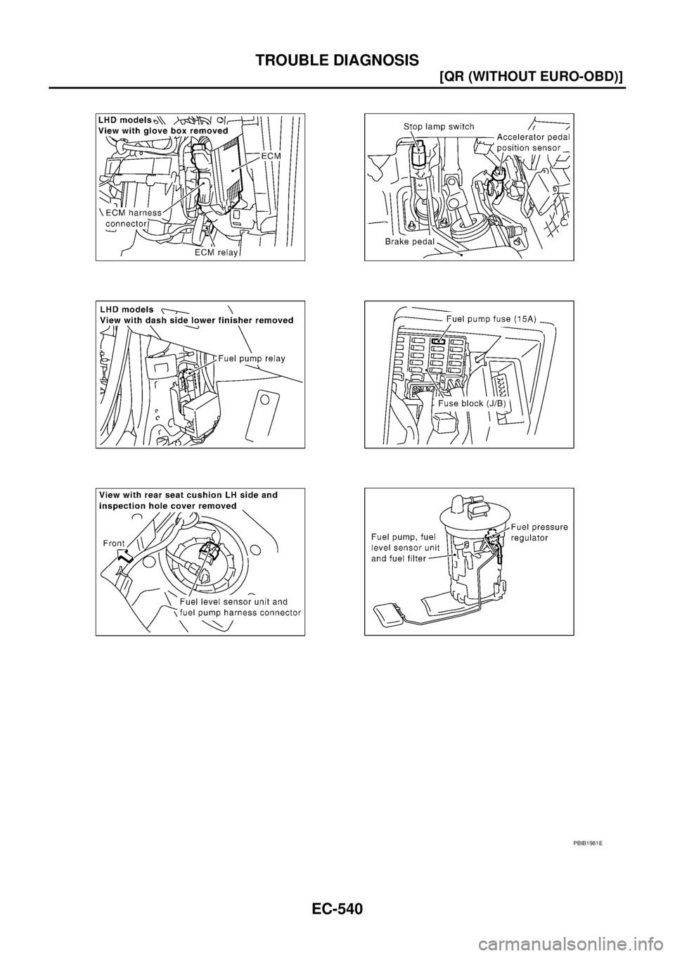 NISSAN X-TRAIL 2003  Service Repair Manual EC-540
[QR (WITHOUT EURO-OBD)]
TROUBLE DIAGNOSIS
 
PBIB1981E 