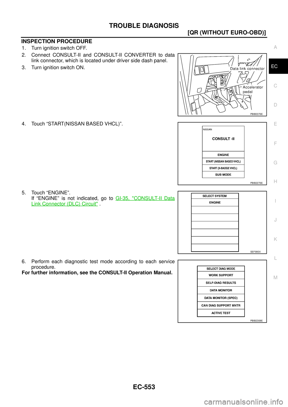NISSAN X-TRAIL 2003  Service Repair Manual TROUBLE DIAGNOSIS
EC-553
[QR (WITHOUT EURO-OBD)]
C
D
E
F
G
H
I
J
K
L
MA
EC
 
INSPECTION PROCEDURE
1. Turn ignition switch OFF.
2. Connect CONSULT-II and CONSULT-II CONVERTER to data
link connector, wh