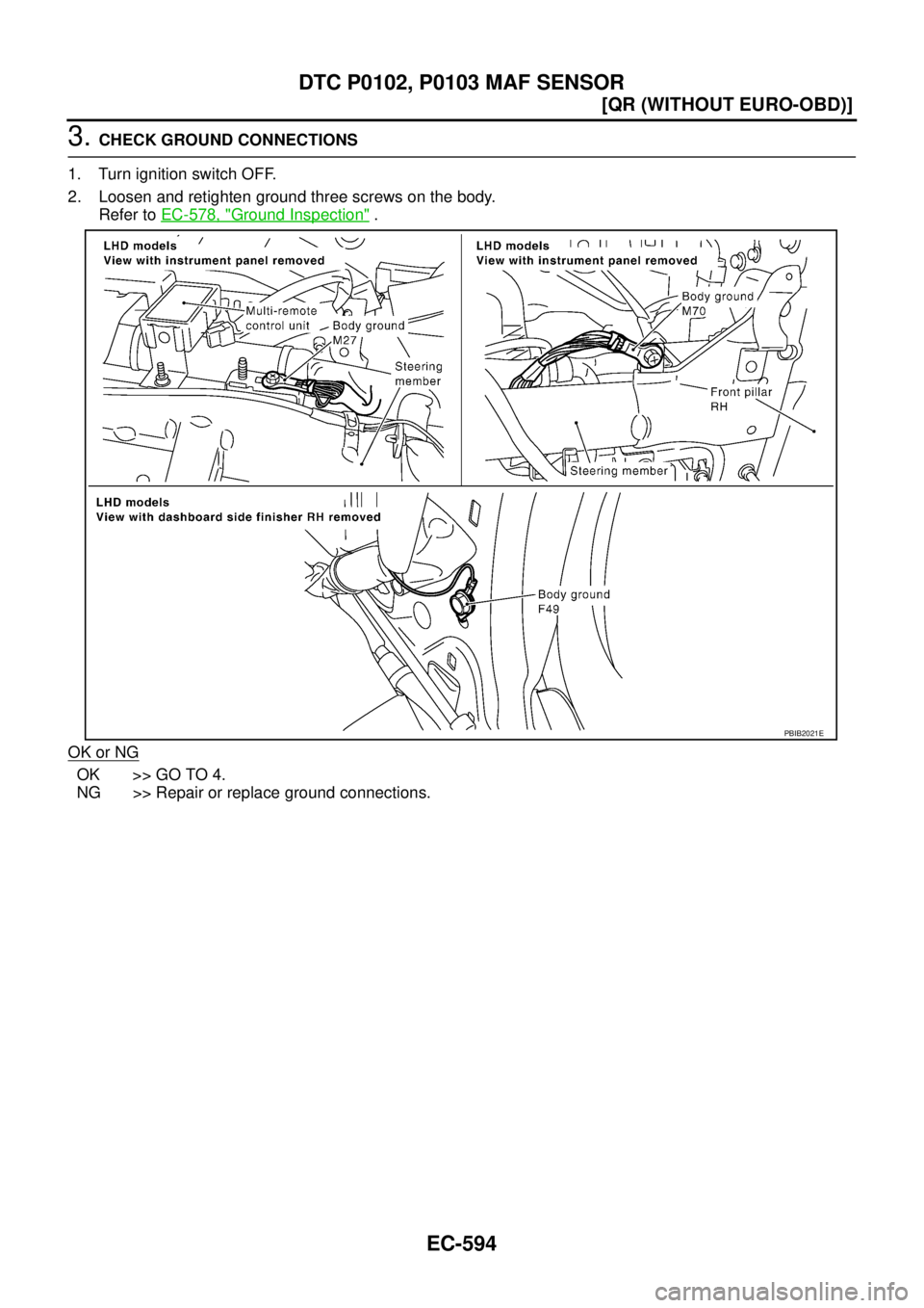 NISSAN X-TRAIL 2003  Service Repair Manual EC-594
[QR (WITHOUT EURO-OBD)]
DTC P0102, P0103 MAF SENSOR
 
3. CHECK GROUND CONNECTIONS
1. Turn ignition switch OFF.
2. Loosen and retighten ground three screws on the body.
Refer to EC-578, "
Ground