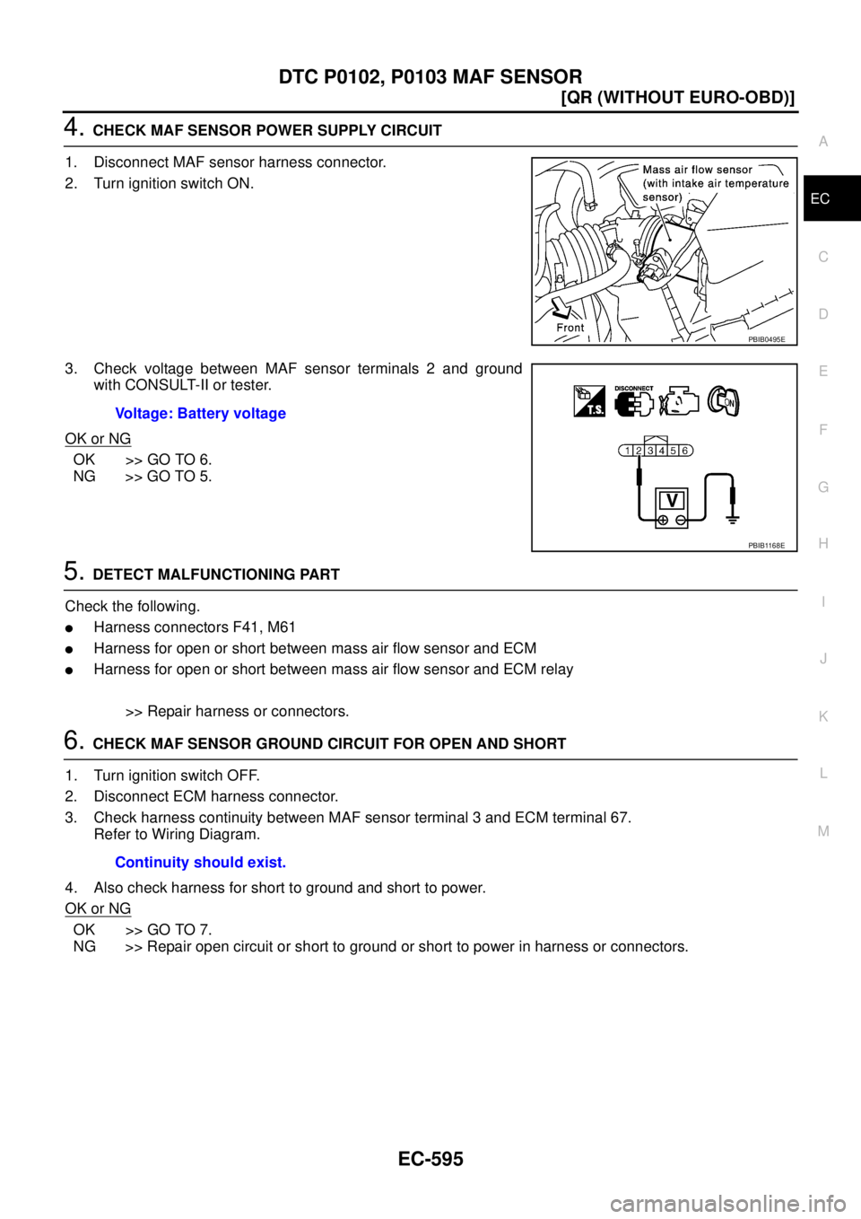 NISSAN X-TRAIL 2003  Service Repair Manual DTC P0102, P0103 MAF SENSOR
EC-595
[QR (WITHOUT EURO-OBD)]
C
D
E
F
G
H
I
J
K
L
MA
EC
 
4. CHECK MAF SENSOR POWER SUPPLY CIRCUIT
1. Disconnect MAF sensor harness connector.
2. Turn ignition switch ON.
