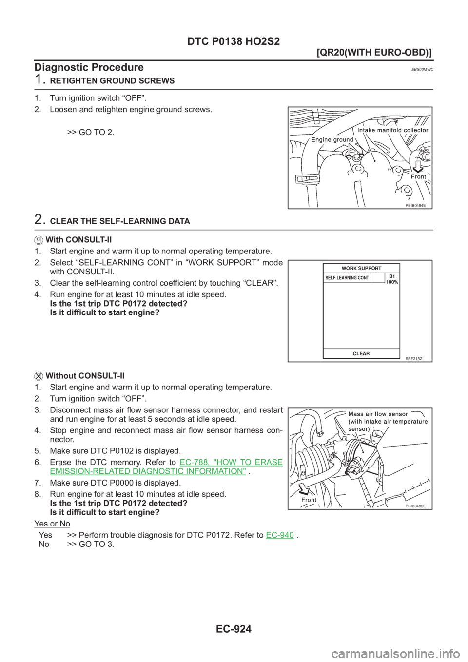 NISSAN X-TRAIL 2001  Service Repair Manual EC-924
[QR20(WITH EURO-OBD)]
DTC P0138 HO2S2
Diagnostic Procedure
EBS00MWC
1. RETIGHTEN GROUND SCREWS
1. Turn ignition switch “OFF”.
2. Loosen and retighten engine ground screws.
>> GO TO 2.
2. CL