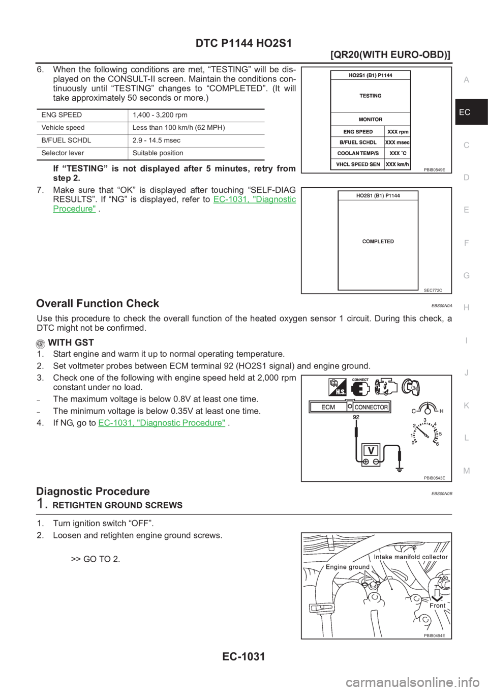 NISSAN X-TRAIL 2001  Service Repair Manual DTC P1144 HO2S1
EC-1031
[QR20(WITH EURO-OBD)]
C
D
E
F
G
H
I
J
K
L
MA
EC
6. When  the  following  conditions  are  met,  “TESTING”  will  be  dis-
played on the CONSULT-II screen. Maintain the cond