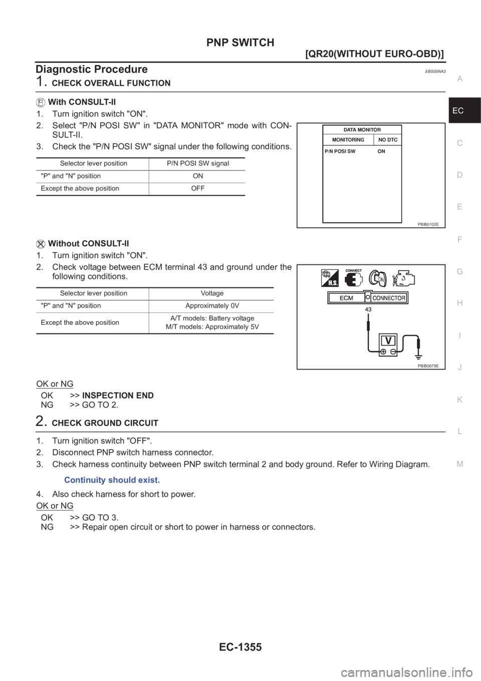 NISSAN X-TRAIL 2001  Service Repair Manual PNP SWITCH
EC-1355
[QR20(WITHOUT EURO-OBD)]
C
D
E
F
G
H
I
J
K
L
MA
EC
Diagnostic ProcedureEBS00NA3
1.CHECK OVERALL FUNCTION
With CONSULT-II
1. Turn ignition switch "ON".
2. Select  "P/N  P