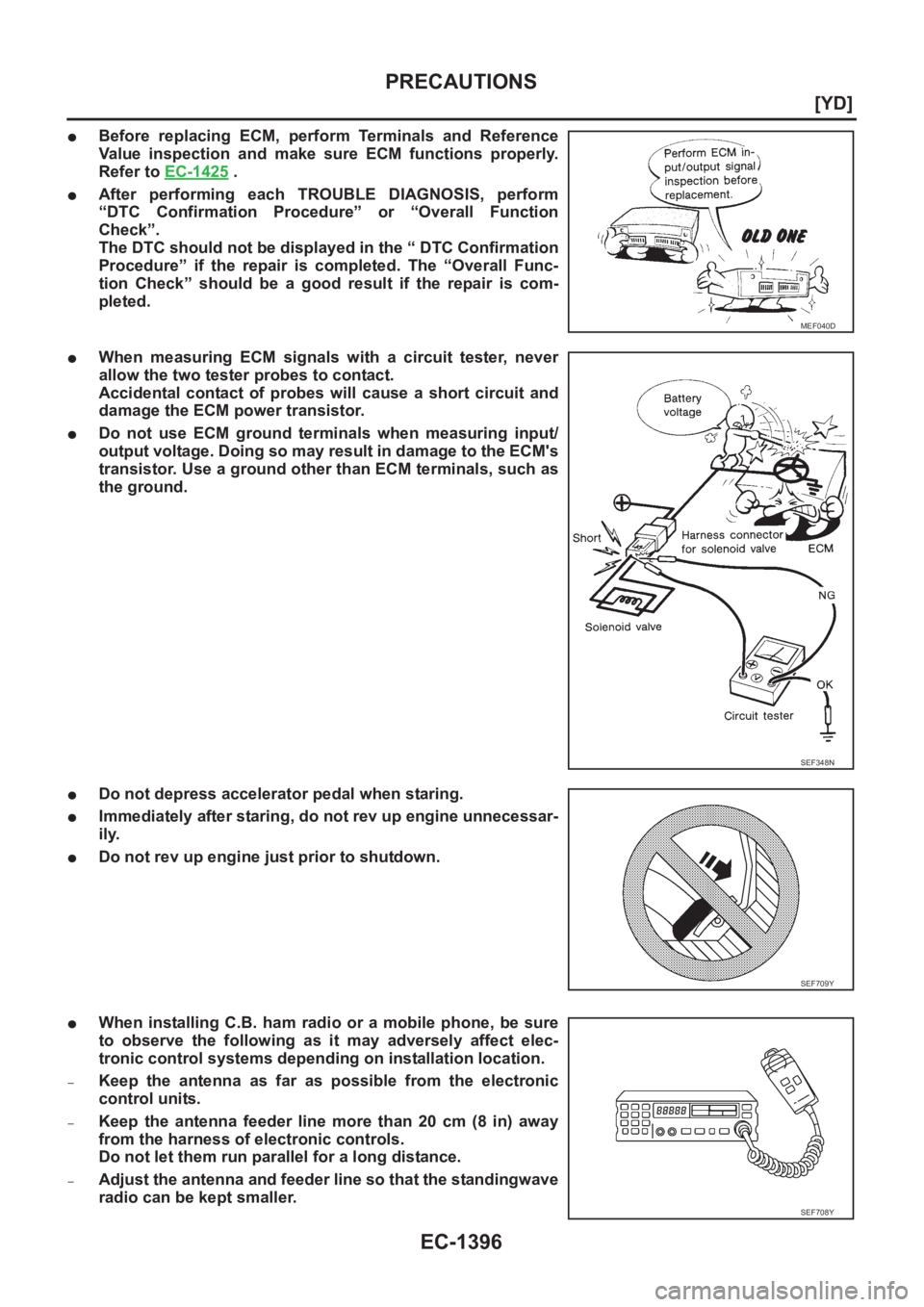 NISSAN X-TRAIL 2001  Service Repair Manual EC-1396
[YD]
PRECAUTIONS
●Before  replacing  ECM,  perform  Terminals  and  Reference
Value  inspection  and  make  sure  ECM  functions  properly.
Refer to EC-1425
 .
●After  performing  each  TR