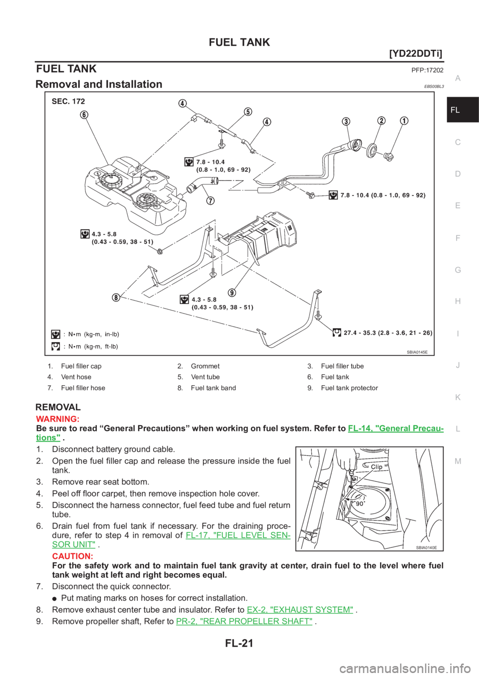 NISSAN X-TRAIL 2001  Service Repair Manual FUEL TANK
FL-21
[YD22DDTi]
C
D
E
F
G
H
I
J
K
L
MA
FL
FUEL TANKPFP:17202
Removal and InstallationEBS00BL3
REMOVAL
WARNING:
Be sure to read “General Precautions” when working on fuel system. Refer t