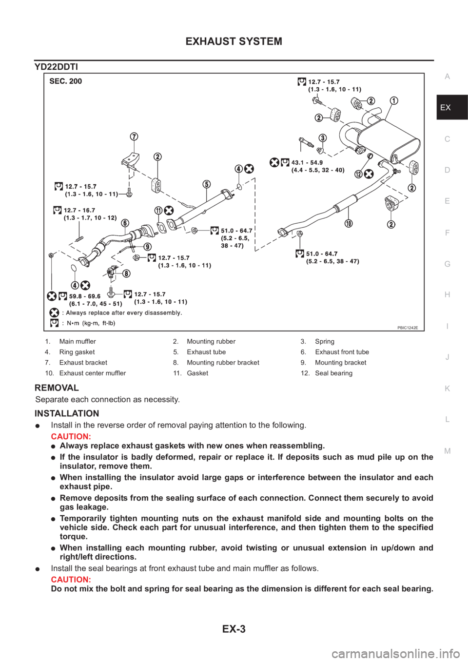 NISSAN X-TRAIL 2001  Service Repair Manual EXHAUST SYSTEM
EX-3
C
D
E
F
G
H
I
J
K
L
MA
EX
YD22DDTI
REMOVAL
Separate each connection as necessity.
INSTALLATION
●Install in the reverse order of removal paying attention to the following.
CAUTION