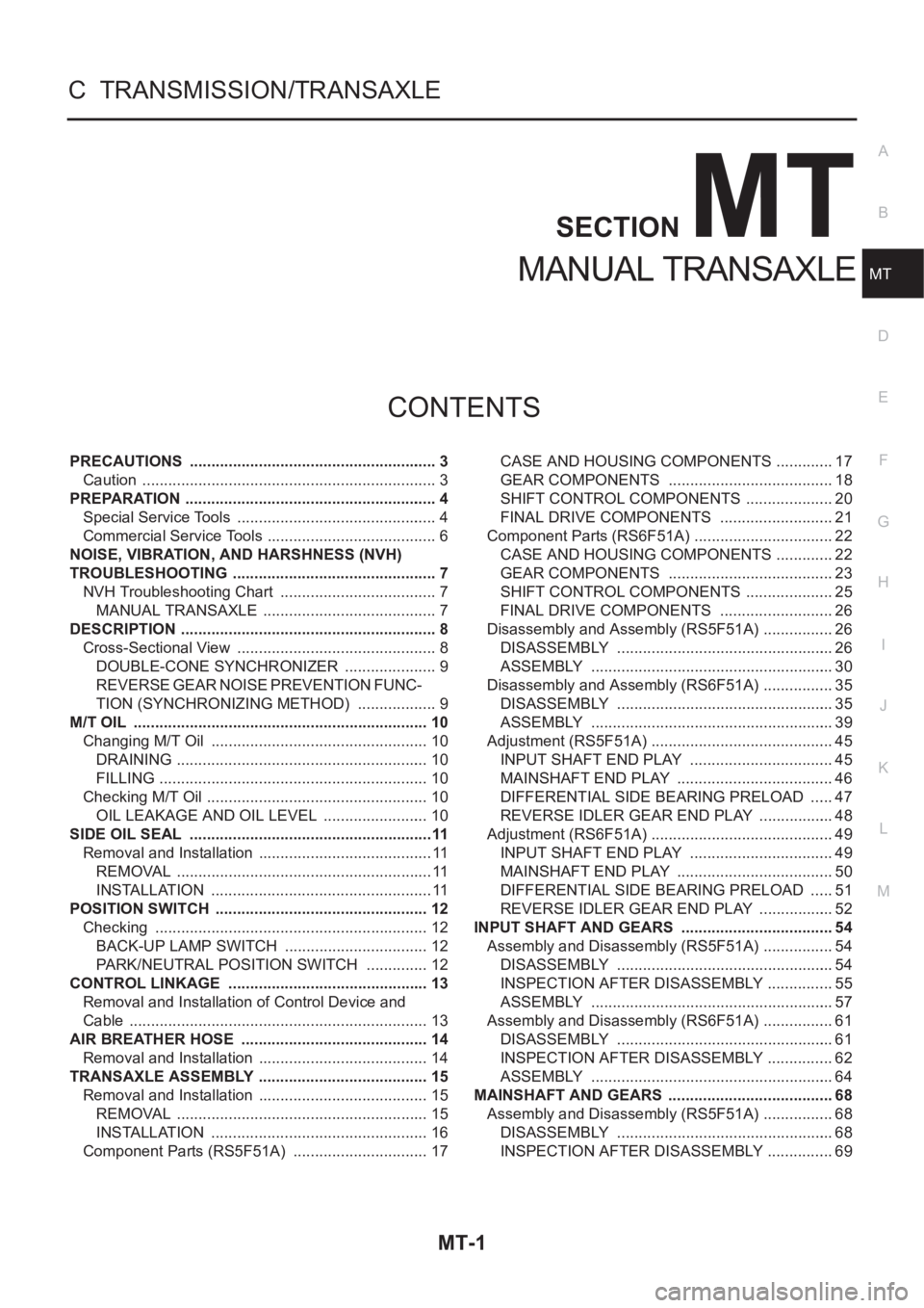 NISSAN X-TRAIL 2001 Service Repair Manual MT-1
MANUAL TRANSAXLE
C TRANSMISSION/TRANSAXLE
CONTENTS
D
E
F
G
H
I
J
K
L
M
SECTION
A
B
MT
MANUAL TRANSAXLE
PRECAUTIONS .......................................................... 3
Caution ........ NISSAN X-TRAIL 2001 Service Repair Manual MT-1
MANUAL TRANSAXLE
C TRANSMISSION/TRANSAXLE
CONTENTS
D
E
F
G
H
I
J
K
L
M
SECTION
A
B
MT
MANUAL TRANSAXLE
PRECAUTIONS .......................................................... 3
Caution ........