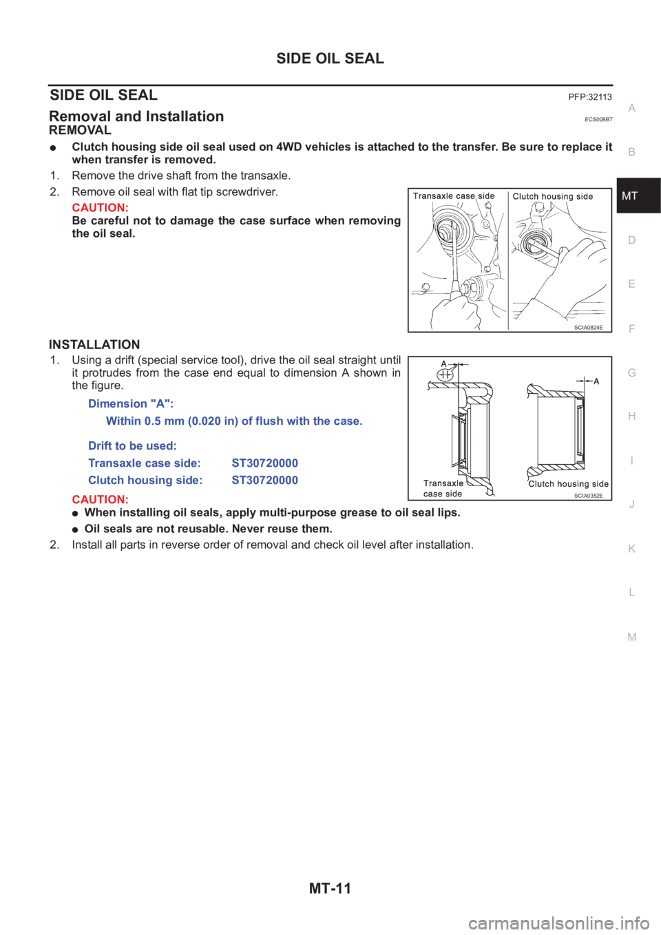 NISSAN X-TRAIL 2001  Service Repair Manual SIDE OIL SEAL
MT-11
D
E
F
G
H
I
J
K
L
MA
B
MT
SIDE OIL SEALPFP:32113
Removal and InstallationECS008BT
REMOVAL
●Clutch housing side oil seal used on 4WD vehicles is attached to the transfer. Be sure 