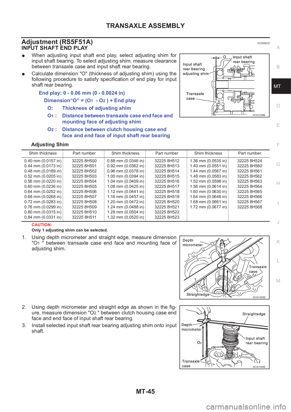 NISSAN X-TRAIL 2001  Service Repair Manual TRANSAXLE ASSEMBLY
MT-45
D
E
F
G
H
I
J
K
L
MA
B
MT
Adjustment (RS5F51A)ECS008C2
INPUT SHAFT END PLAY
●When  adjusting  input  shaft  end  play,  select  adjusting  shim  for
input shaft bearing. To 