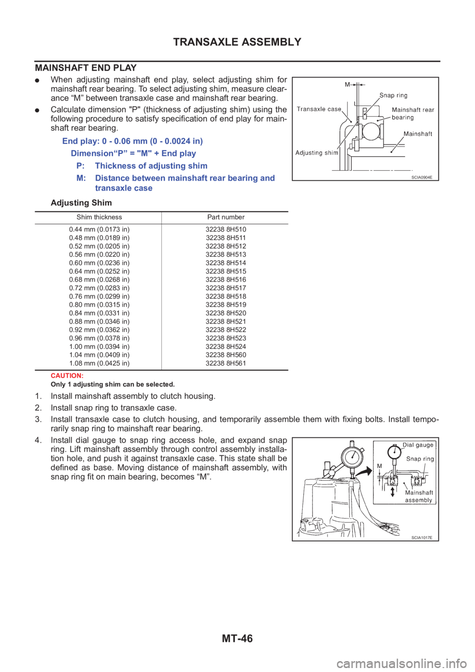NISSAN X-TRAIL 2001  Service Repair Manual MT-46
TRANSAXLE ASSEMBLY
MAINSHAFT END PLAY
●When  adjusting  mainshaft  end  play,  select  adjusting  shim  for
mainshaft rear bearing. To select adjusting shim, measure clear-
ance “M” betwee