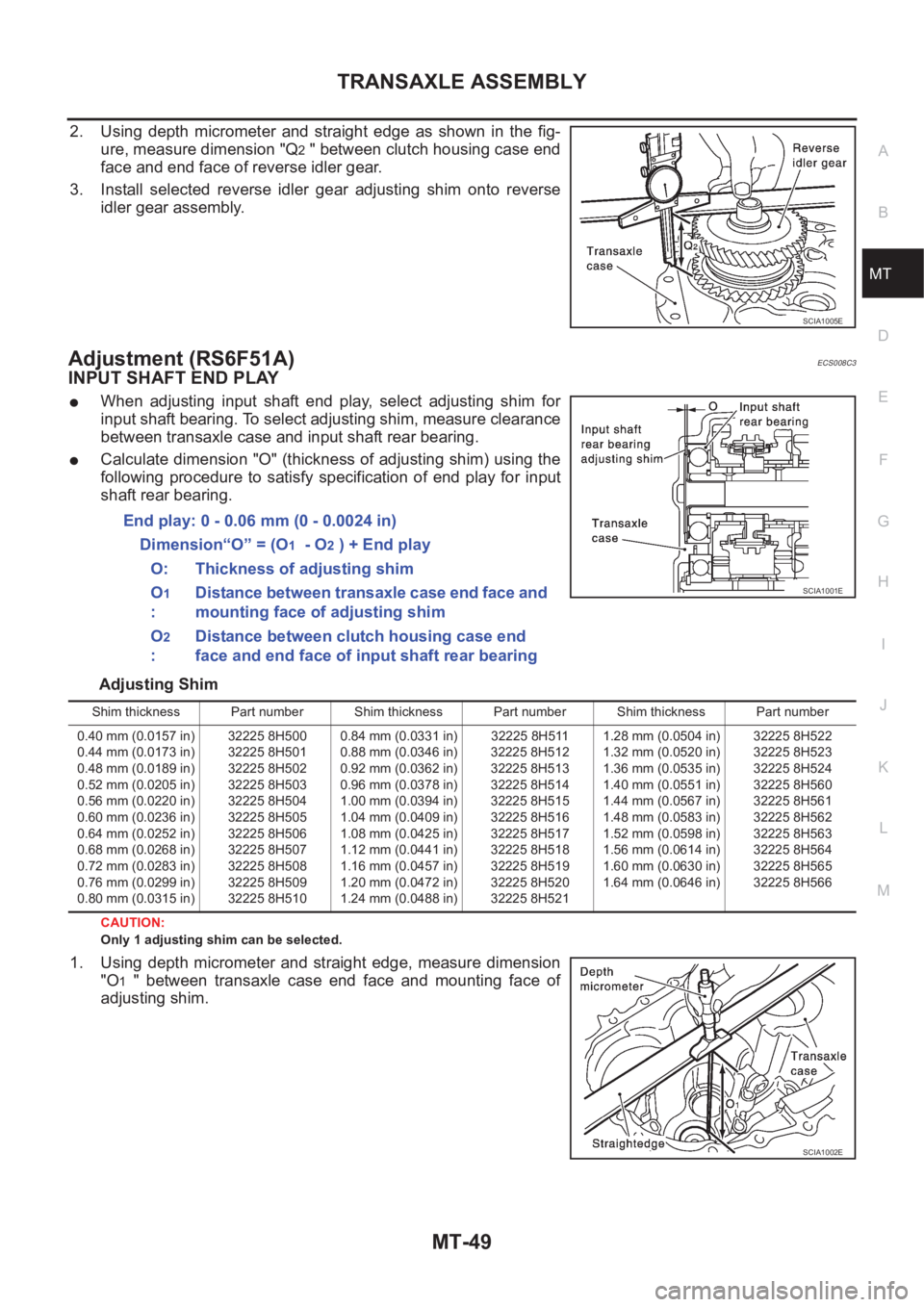 NISSAN X-TRAIL 2001  Service Repair Manual TRANSAXLE ASSEMBLY
MT-49
D
E
F
G
H
I
J
K
L
MA
B
MT
2. Using  depth  micrometer  and  straight  edge  as  shown  in  the  fig-
ure, measure dimension "Q
2 " between clutch housing case end
face