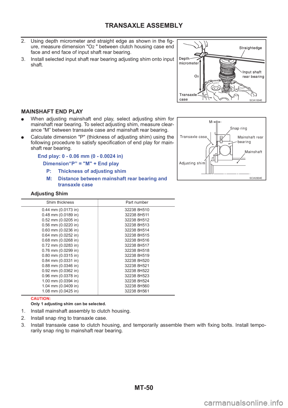 NISSAN X-TRAIL 2001  Service Repair Manual MT-50
TRANSAXLE ASSEMBLY
2. Using  depth  micrometer  and  straight  edge  as  shown  in  the  fig-
ure, measure dimension "O
2 " between clutch housing case end
face and end face of input sha