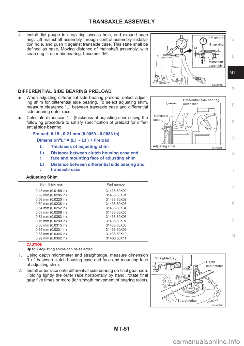 NISSAN X-TRAIL 2001  Service Repair Manual TRANSAXLE ASSEMBLY
MT-51
D
E
F
G
H
I
J
K
L
MA
B
MT
4. Install  dial  gauge  to  snap  ring  access  hole,  and  expand  snap
ring.  Lift  mainshaft  assembly  through  control  assembly  installa-
tio