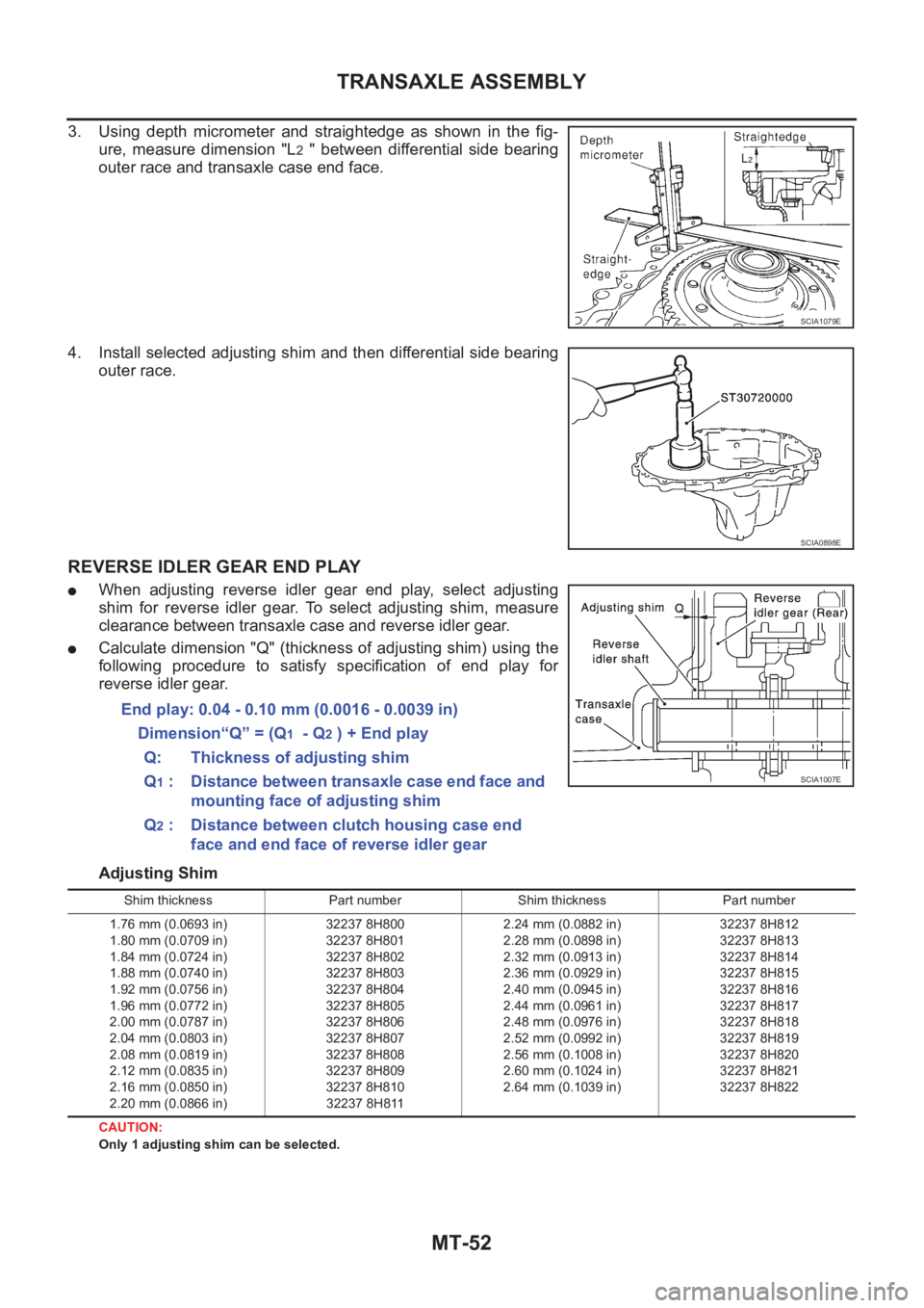 NISSAN X-TRAIL 2001  Service Repair Manual MT-52
TRANSAXLE ASSEMBLY
3. Using  depth  micrometer  and  straightedge  as  shown  in  the  fig-
ure,  measure  dimension  "L
2  "  between  differential  side  bearing
outer race and transax