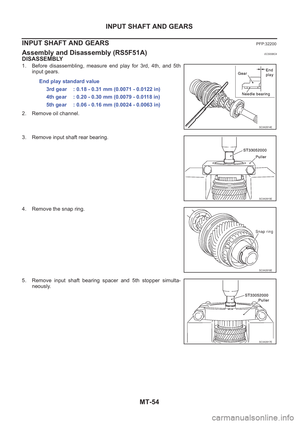 NISSAN X-TRAIL 2001  Service Repair Manual MT-54
INPUT SHAFT AND GEARS
INPUT SHAFT AND GEARS
PFP:32200
Assembly and Disassembly (RS5F51A)ECS008C4
DISASSEMBLY
1. Before  disassembling,  measure  end  play  for  3rd,  4th,  and  5th
input gears.