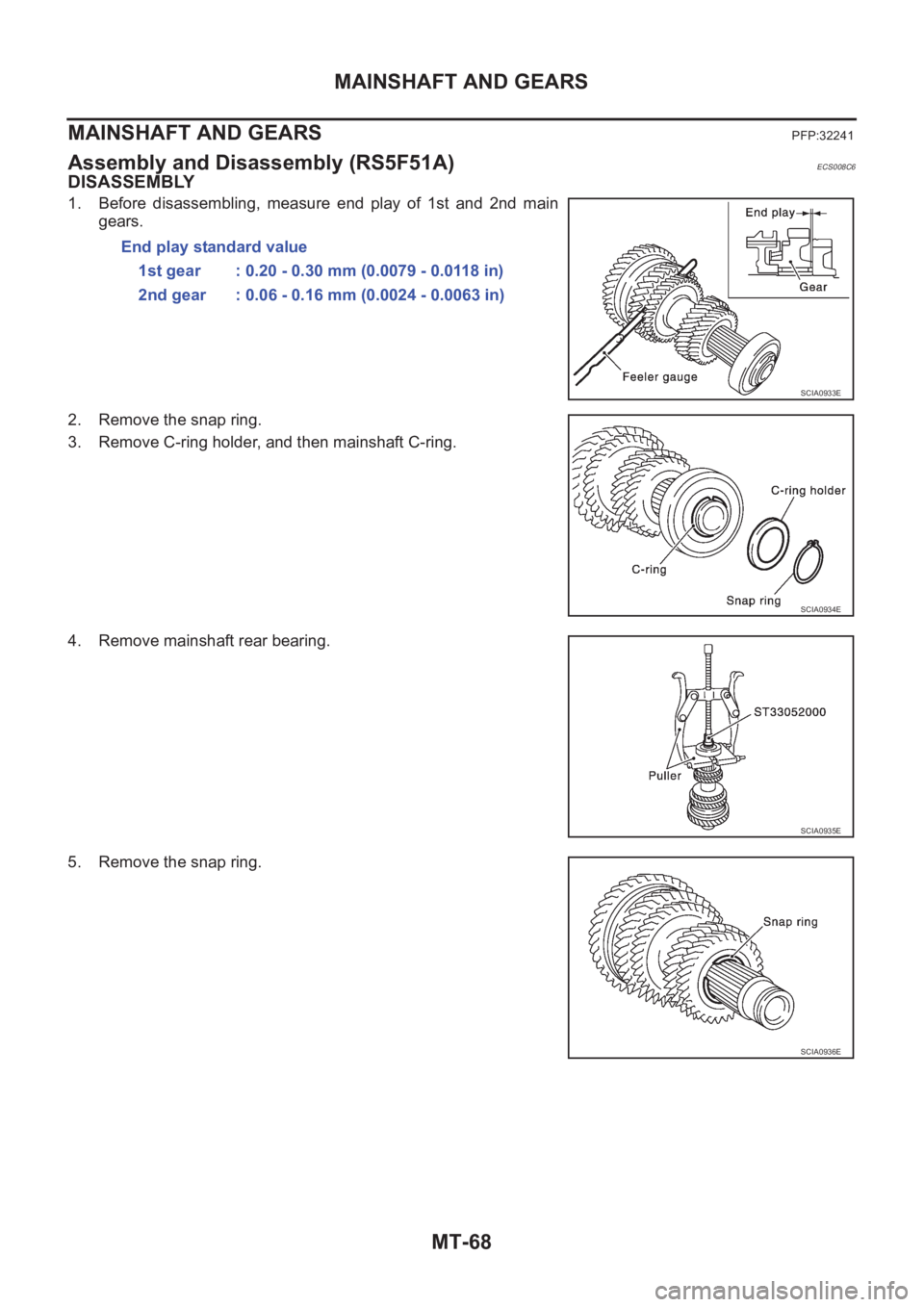 NISSAN X-TRAIL 2001  Service Repair Manual MT-68
MAINSHAFT AND GEARS
MAINSHAFT AND GEARS
PFP:32241
Assembly and Disassembly (RS5F51A)ECS008C6
DISASSEMBLY
1. Before  disassembling,  measure  end  play  of  1st  and  2nd  main
gears.
2. Remove t