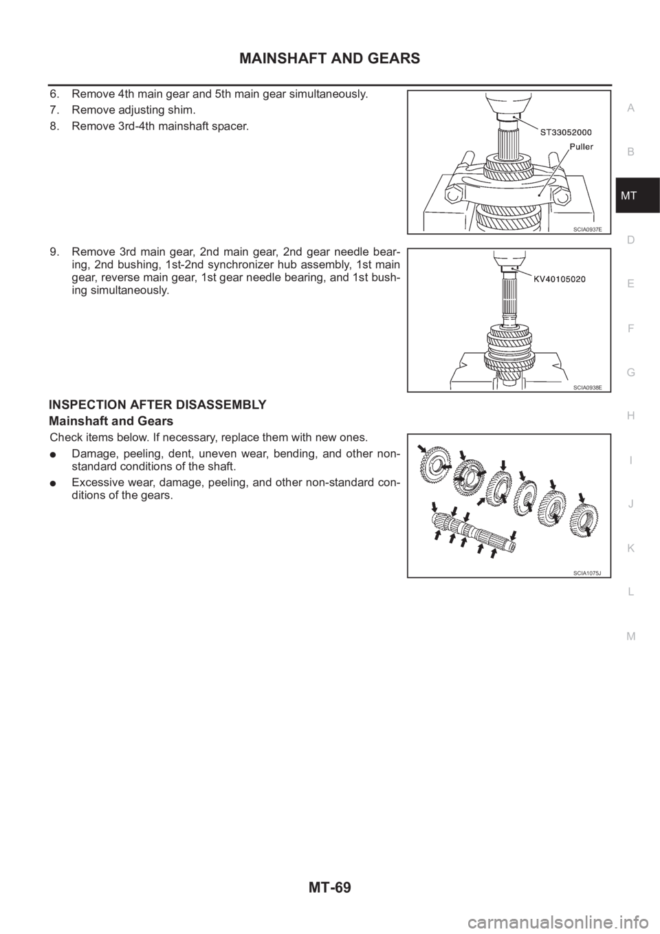 NISSAN X-TRAIL 2001  Service Repair Manual MAINSHAFT AND GEARS
MT-69
D
E
F
G
H
I
J
K
L
MA
B
MT
6. Remove 4th main gear and 5th main gear simultaneously.
7. Remove adjusting shim.
8. Remove 3rd-4th mainshaft spacer.
9. Remove  3rd  main  gear, 