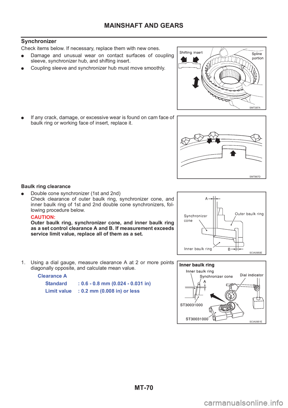 NISSAN X-TRAIL 2001  Service Repair Manual MT-70
MAINSHAFT AND GEARS
Synchronizer
Check items below. If necessary, replace them with new ones.
●Damage and unusual wear on contact surfaces of coupling
sleeve, synchronizer hub, and shifting in