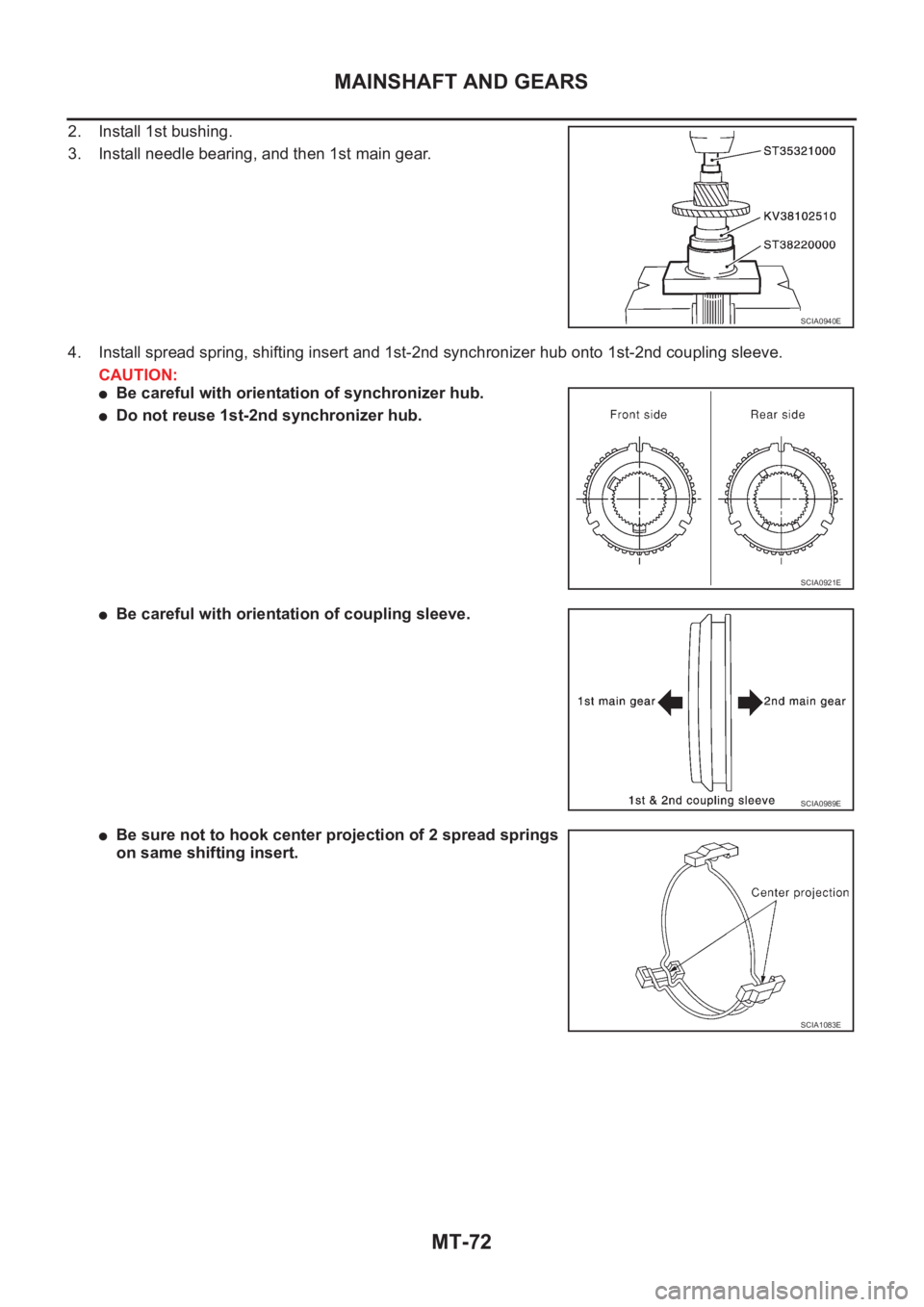 NISSAN X-TRAIL 2001  Service Repair Manual MT-72
MAINSHAFT AND GEARS
2. Install 1st bushing.
3. Install needle bearing, and then 1st main gear.
4. Install spread spring, shifting insert and 1st-2nd synchronizer hub onto 1st-2nd coupling sleeve