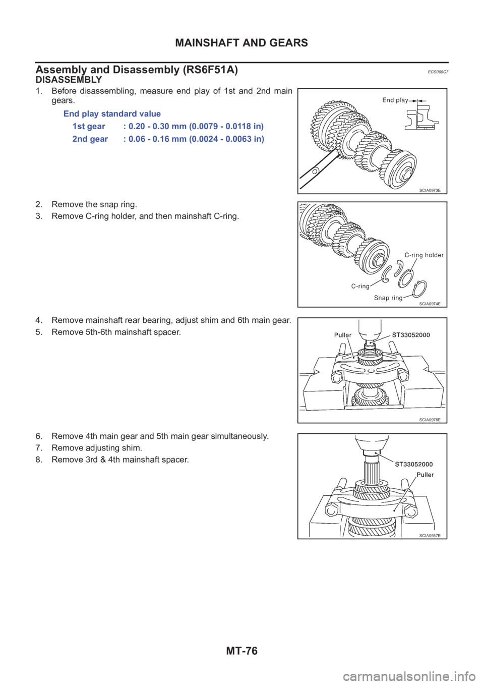 NISSAN X-TRAIL 2001  Service Repair Manual MT-76
MAINSHAFT AND GEARS
Assembly and Disassembly (RS6F51A)
ECS008C7
DISASSEMBLY
1. Before  disassembling,  measure  end  play  of  1st  and  2nd  main
gears.
2. Remove the snap ring.
3. Remove C-rin