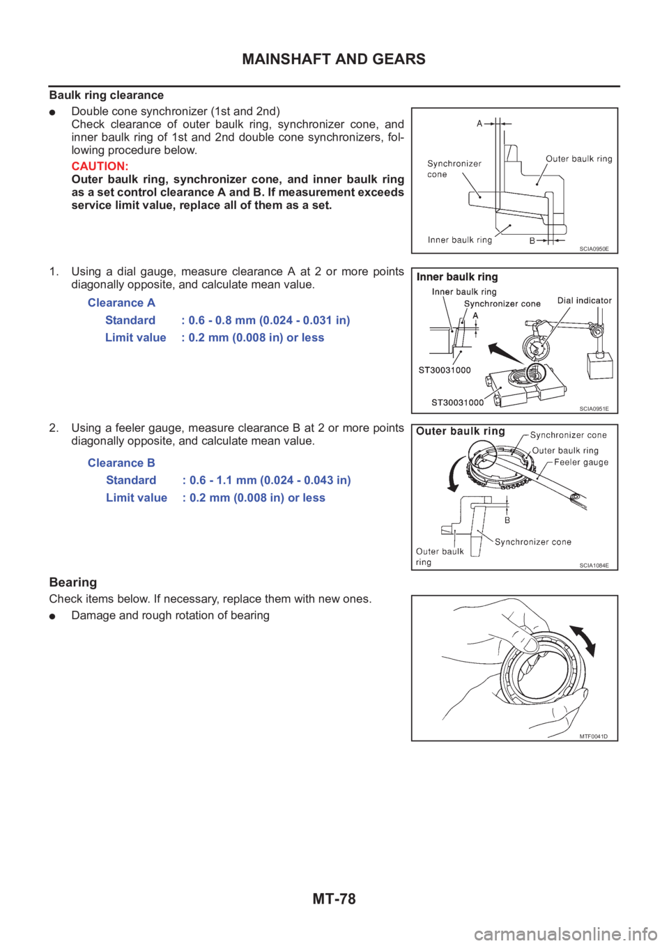 NISSAN X-TRAIL 2001  Service Repair Manual MT-78
MAINSHAFT AND GEARS
Baulk ring clearance
●Double cone synchronizer (1st and 2nd)
Check  clearance  of  outer  baulk  ring,  synchronizer  cone,  and
inner  baulk  ring  of  1st  and  2nd  doub