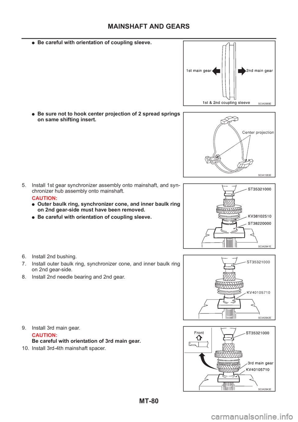 NISSAN X-TRAIL 2001  Service Repair Manual MT-80
MAINSHAFT AND GEARS
●Be careful with orientation of coupling sleeve.
●Be sure not to hook center projection of 2 spread springs
on same shifting insert.
5. Install 1st gear synchronizer asse