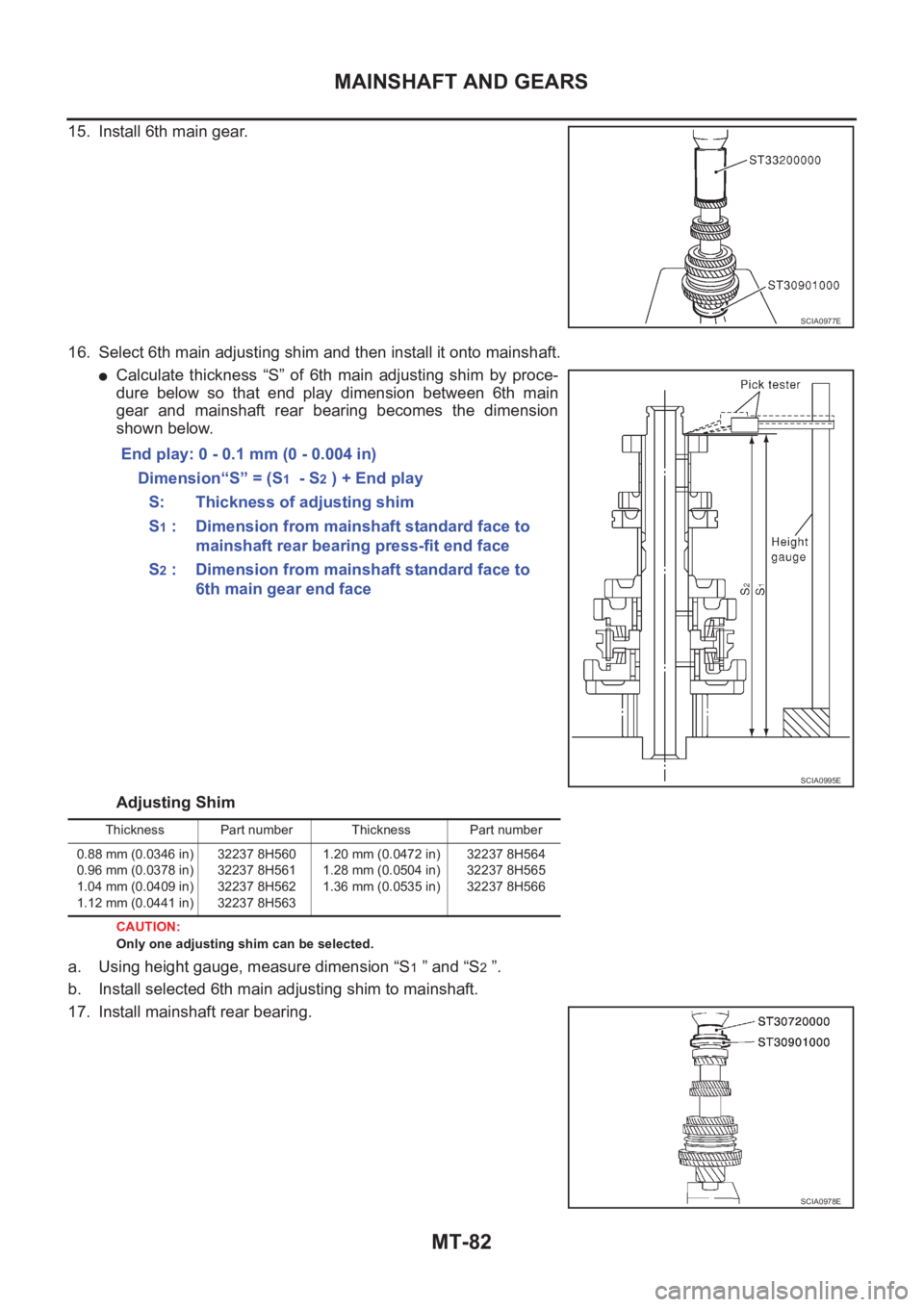 NISSAN X-TRAIL 2001  Service Repair Manual MT-82
MAINSHAFT AND GEARS
15. Install 6th main gear.
16. Select 6th main adjusting shim and then install it onto mainshaft.
●Calculate  thickness  “S”  of  6th  main  adjusting  shim  by  proce-