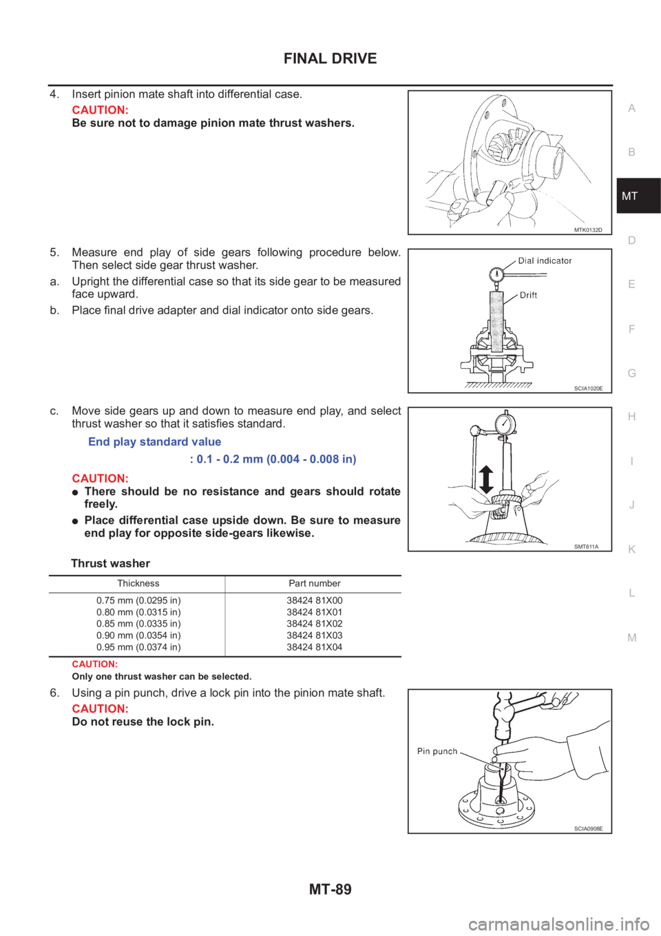 NISSAN X-TRAIL 2001  Service Repair Manual FINAL DRIVE
MT-89
D
E
F
G
H
I
J
K
L
MA
B
MT
4. Insert pinion mate shaft into differential case.
CAUTION:
Be sure not to damage pinion mate thrust washers.
5. Measure  end  play  of  side  gears  follo