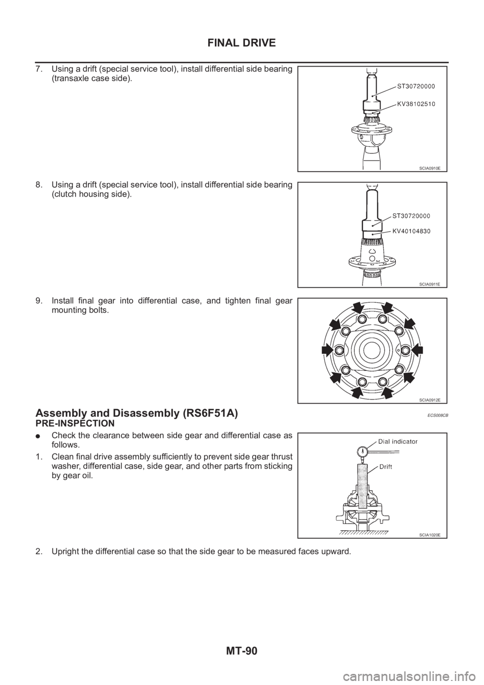 NISSAN X-TRAIL 2001  Service Repair Manual MT-90
FINAL DRIVE
7. Using a drift (special service tool), install differential side bearing
(transaxle case side).
8. Using a drift (special service tool), install differential side bearing
(clutch h