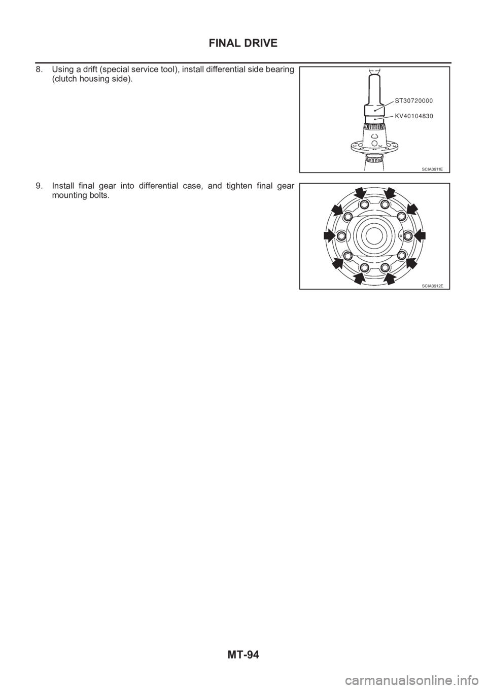 NISSAN X-TRAIL 2001  Service Repair Manual MT-94
FINAL DRIVE
8. Using a drift (special service tool), install differential side bearing
(clutch housing side).
9. Install  final  gear  into  differential  case,  and  tighten  final gear
mountin