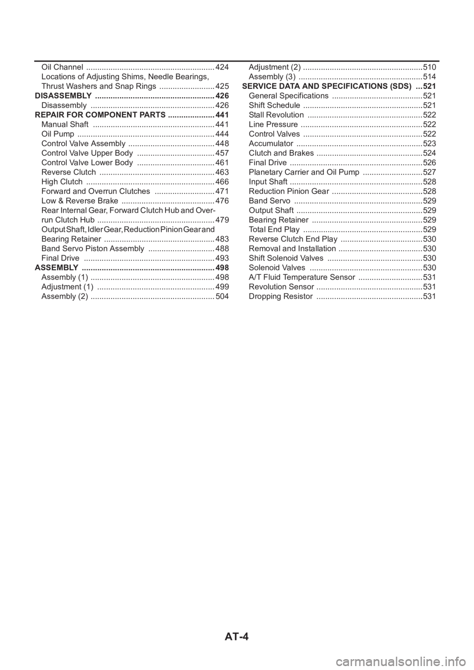 NISSAN X-TRAIL 2001  Service Repair Manual AT-4
Oil Channel  ...........................................................424
Locations of Adjusting Shims, Needle Bearings, 
Thrust Washers and Snap Rings  ..........................425
DISASSEMBL